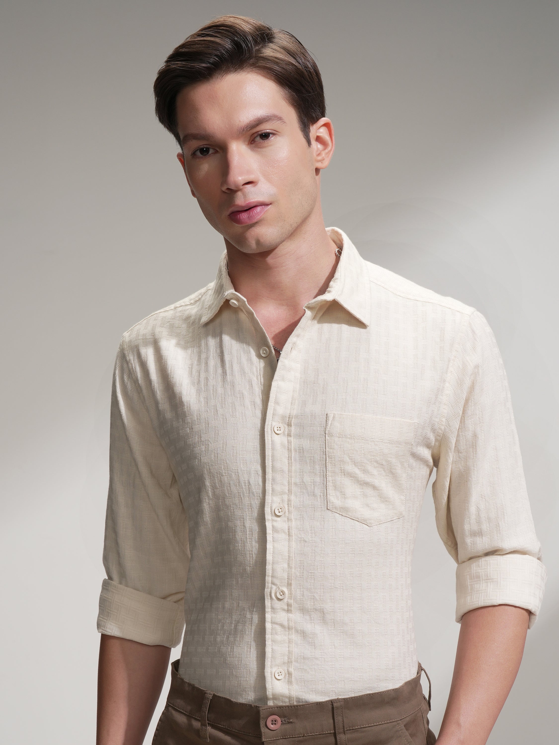 Highlander Men Off White Self Design Slim Fit Casual Shirt - Off White - Image 1