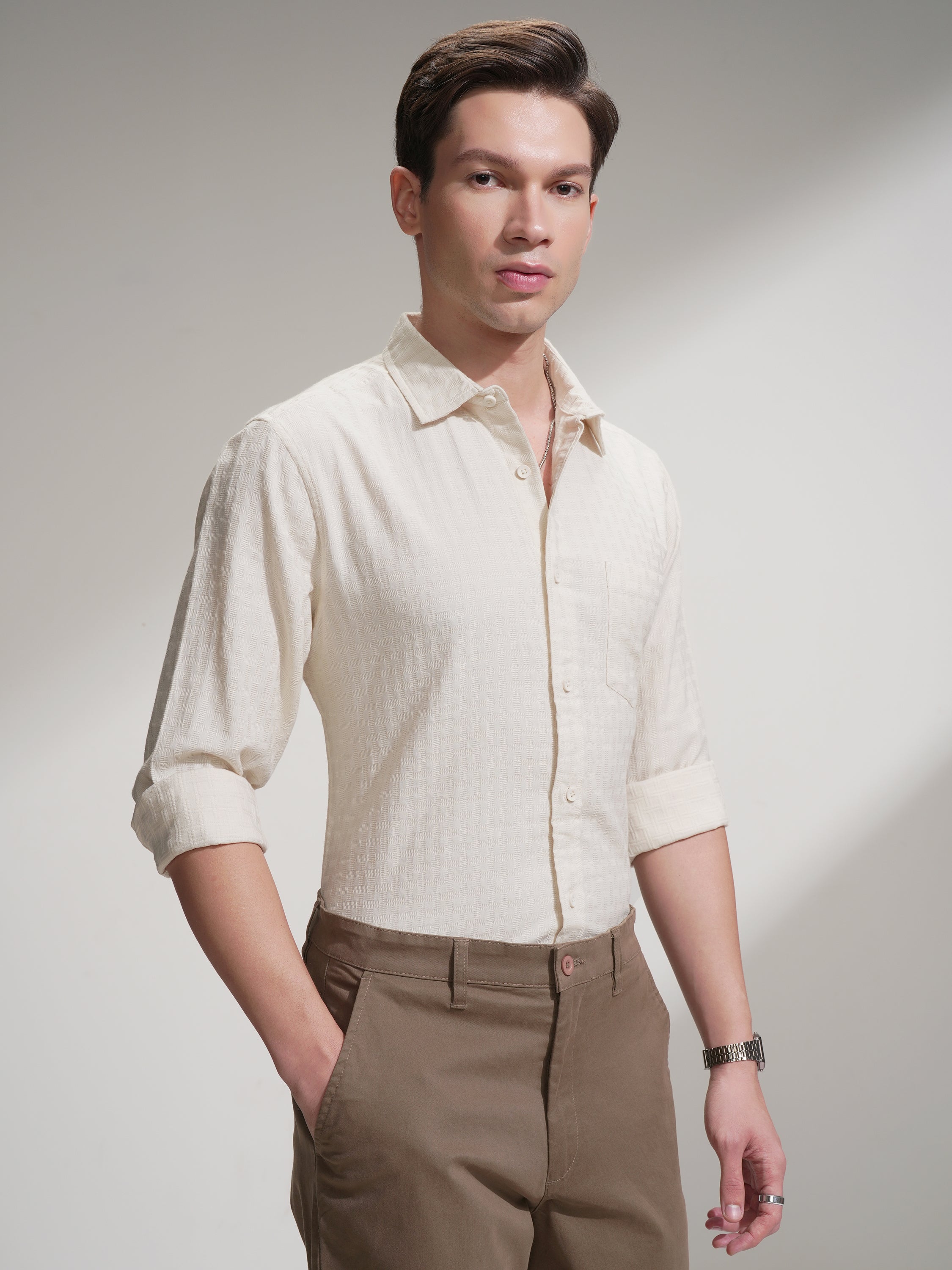 Highlander Men Off White Self Design Slim Fit Casual Shirt - Off White - Image 6