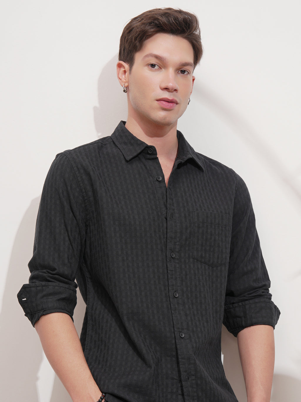 Highlander Men Black Striped Slim Fit Casual Shirt - Black - Image 1