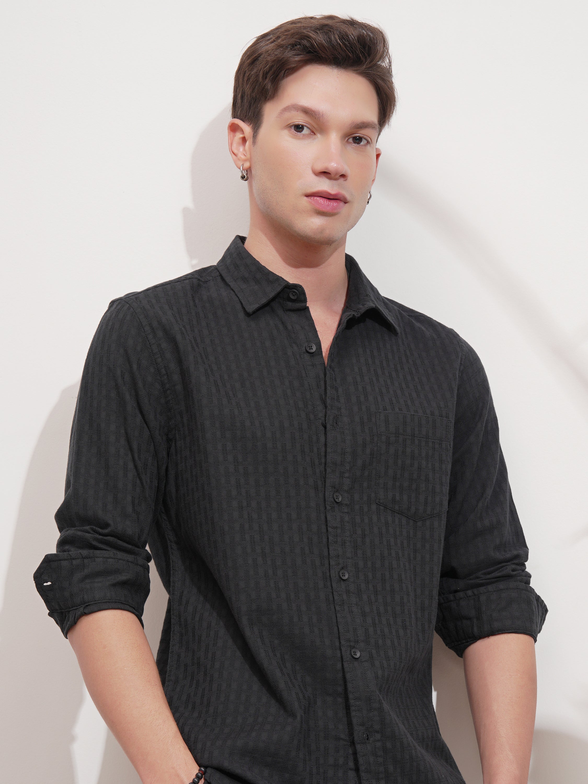 Highlander Men Black Striped Slim Fit Casual Shirt - Black - Image 1