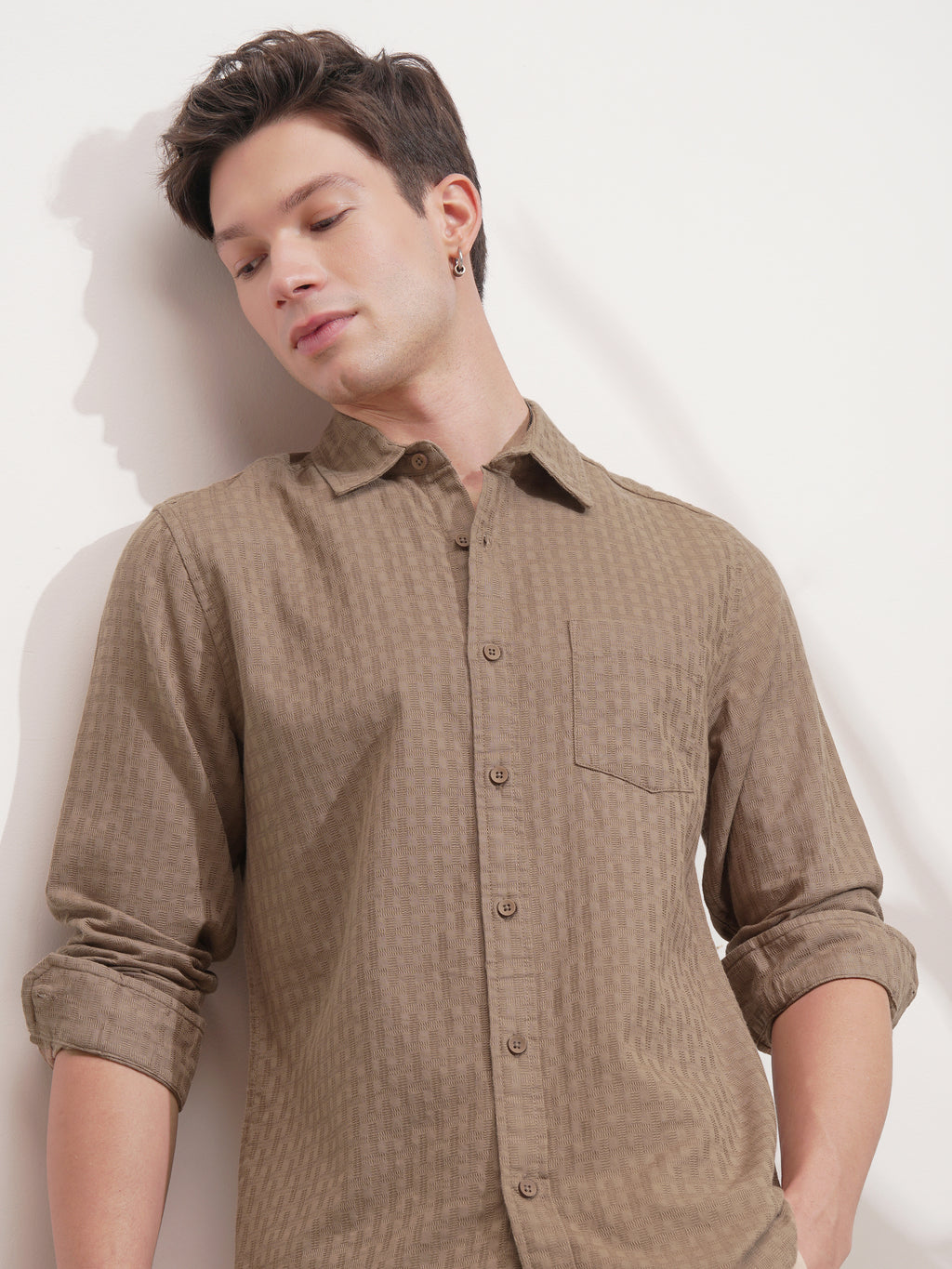 Highlander Men Tan Self Design Slim Fit Casual Shirt - Tan - Image 1