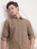 Highlander Men Tan Self Design Slim Fit Casual Shirt - Tan - Image 1