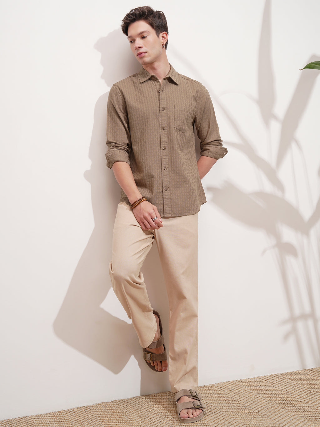 Highlander Men Tan Self Design Slim Fit Casual Shirt - Tan - Image 2