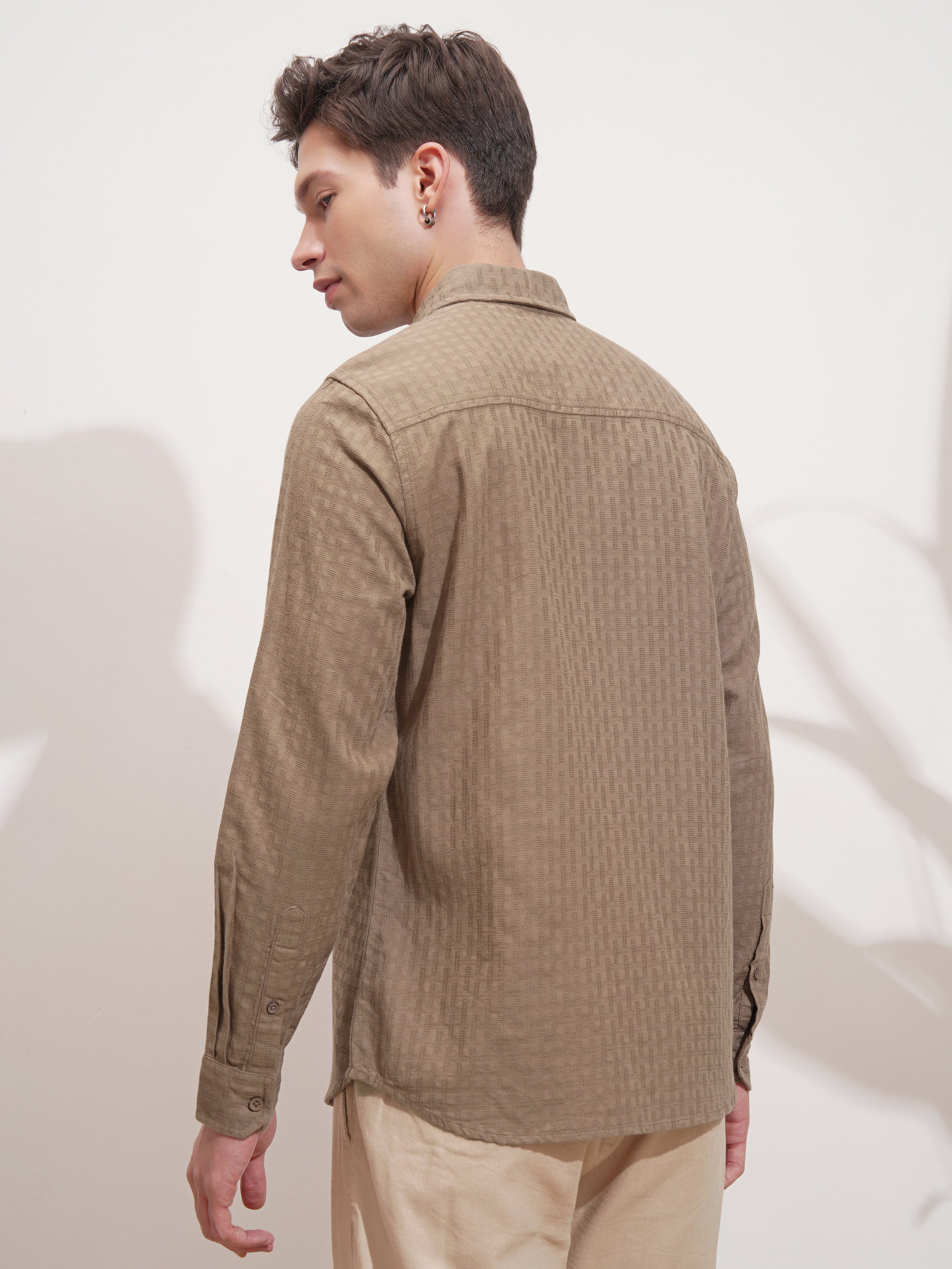 Highlander Men Tan Self Design Slim Fit Casual Shirt - Tan - Image 3