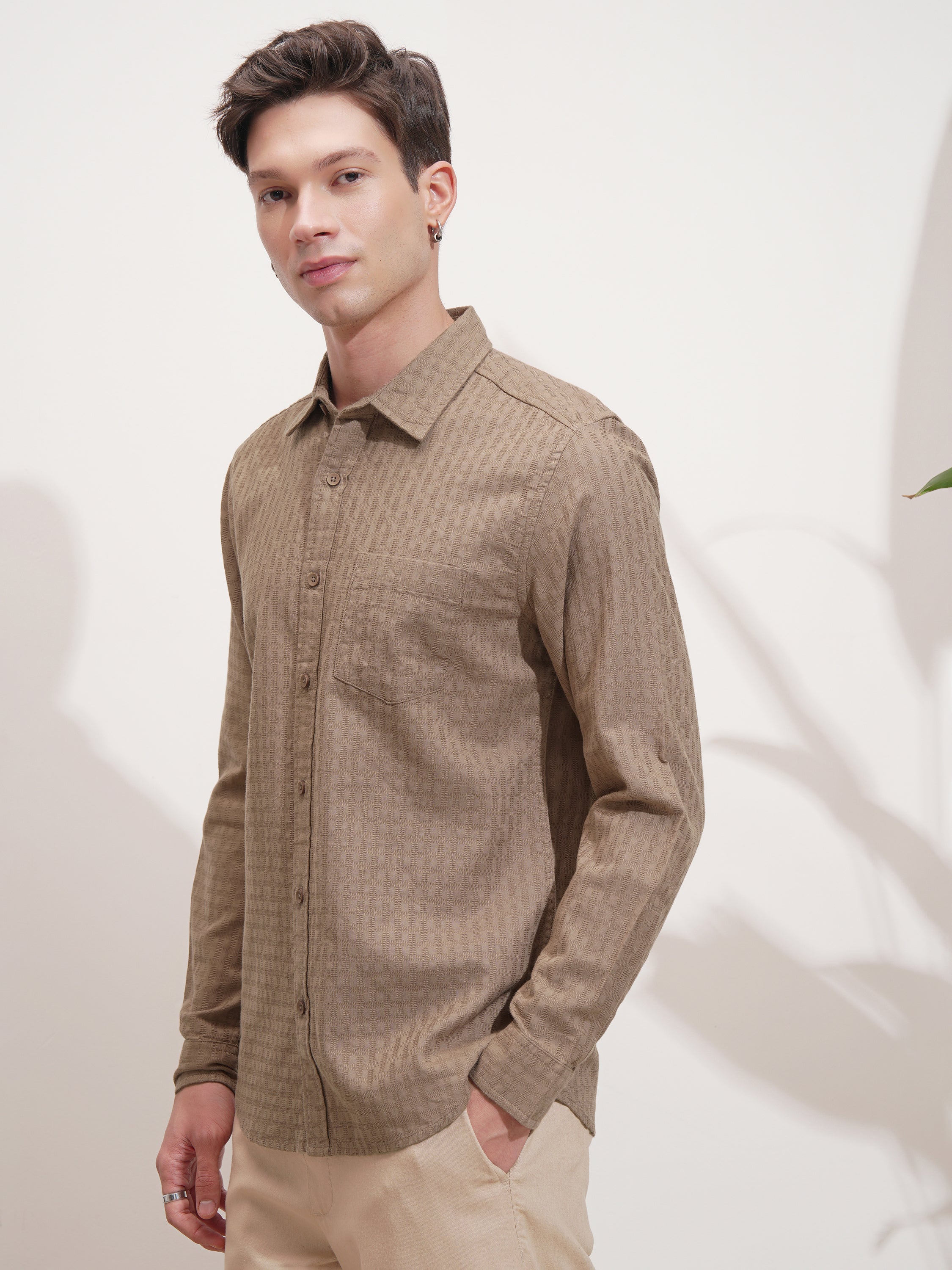 Highlander Men Tan Self Design Slim Fit Casual Shirt - Tan - Image 4