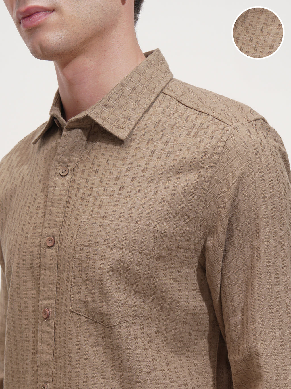 Highlander Men Tan Self Design Slim Fit Casual Shirt - Tan - Image 5