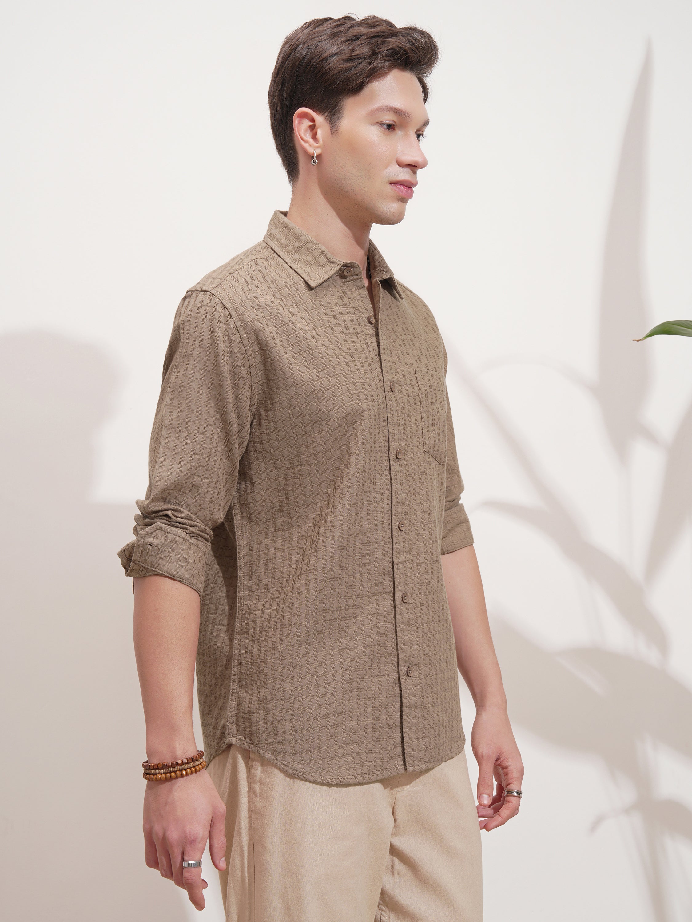 Highlander Men Tan Self Design Slim Fit Casual Shirt - Tan - Image 6