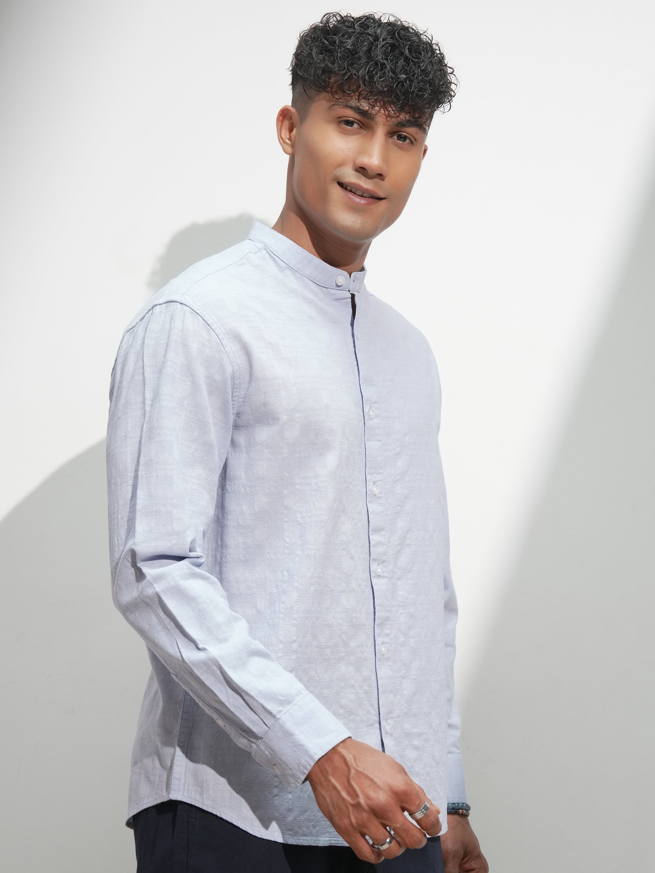 Highlander Men Blue Self Design Relaxed Fit Casual Shirt - Blue - Image 6