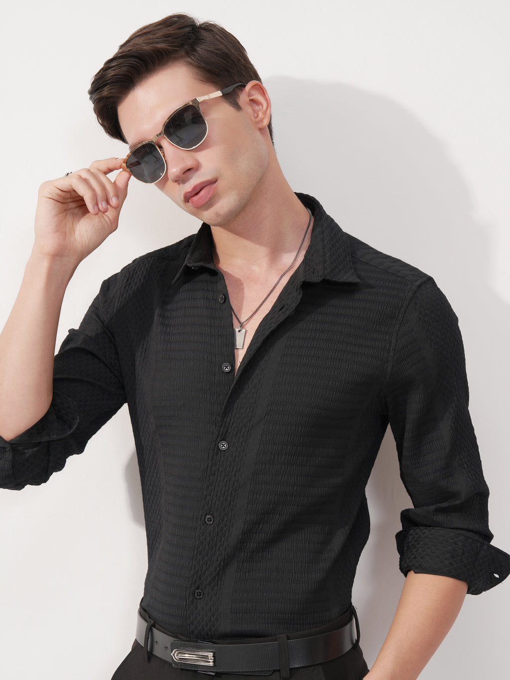 Highlander Men Black Self Design Slim Fit Casual Shirt - Black - Image 1