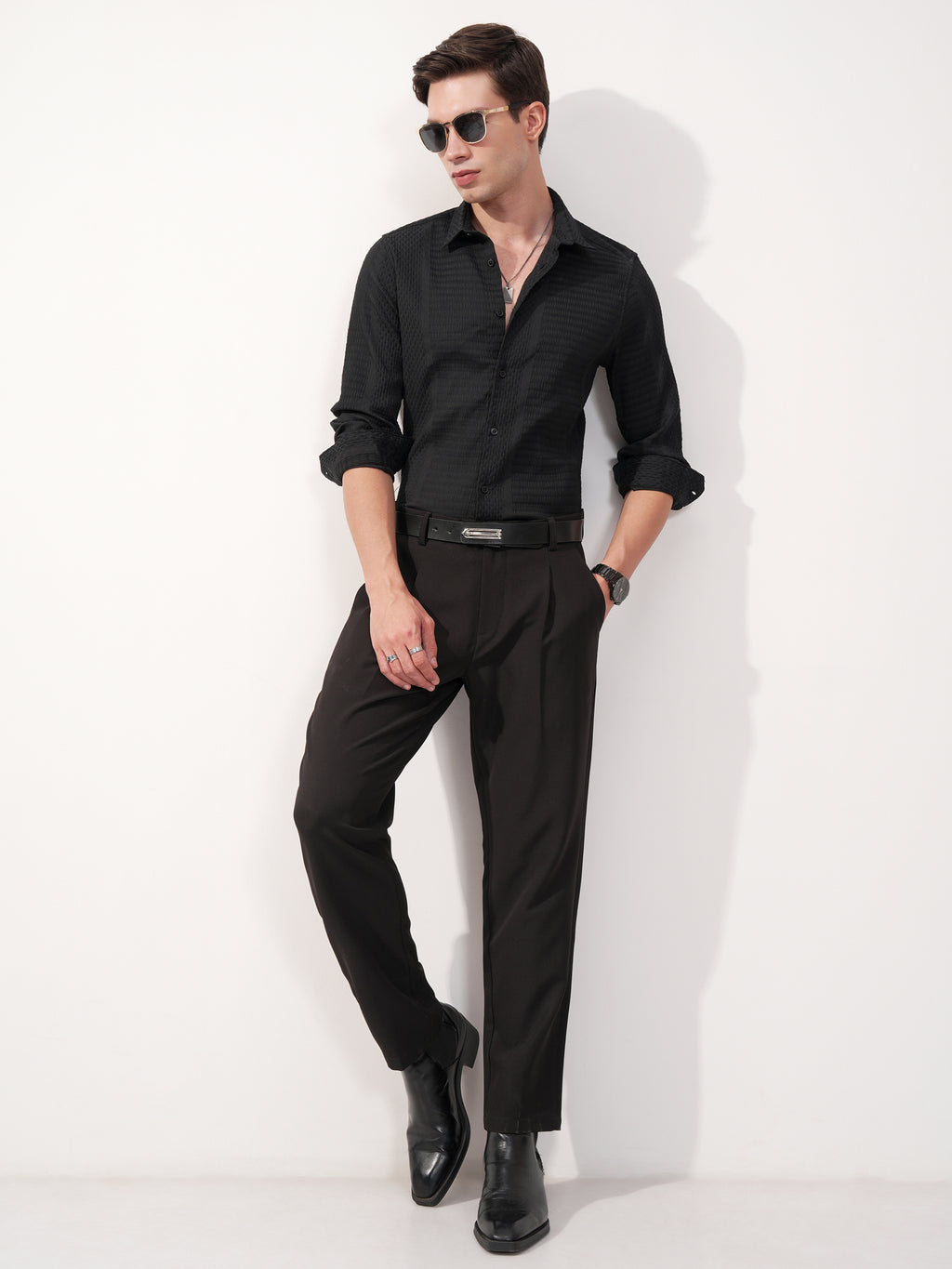 Highlander Men Black Self Design Slim Fit Casual Shirt - Black - Image 2
