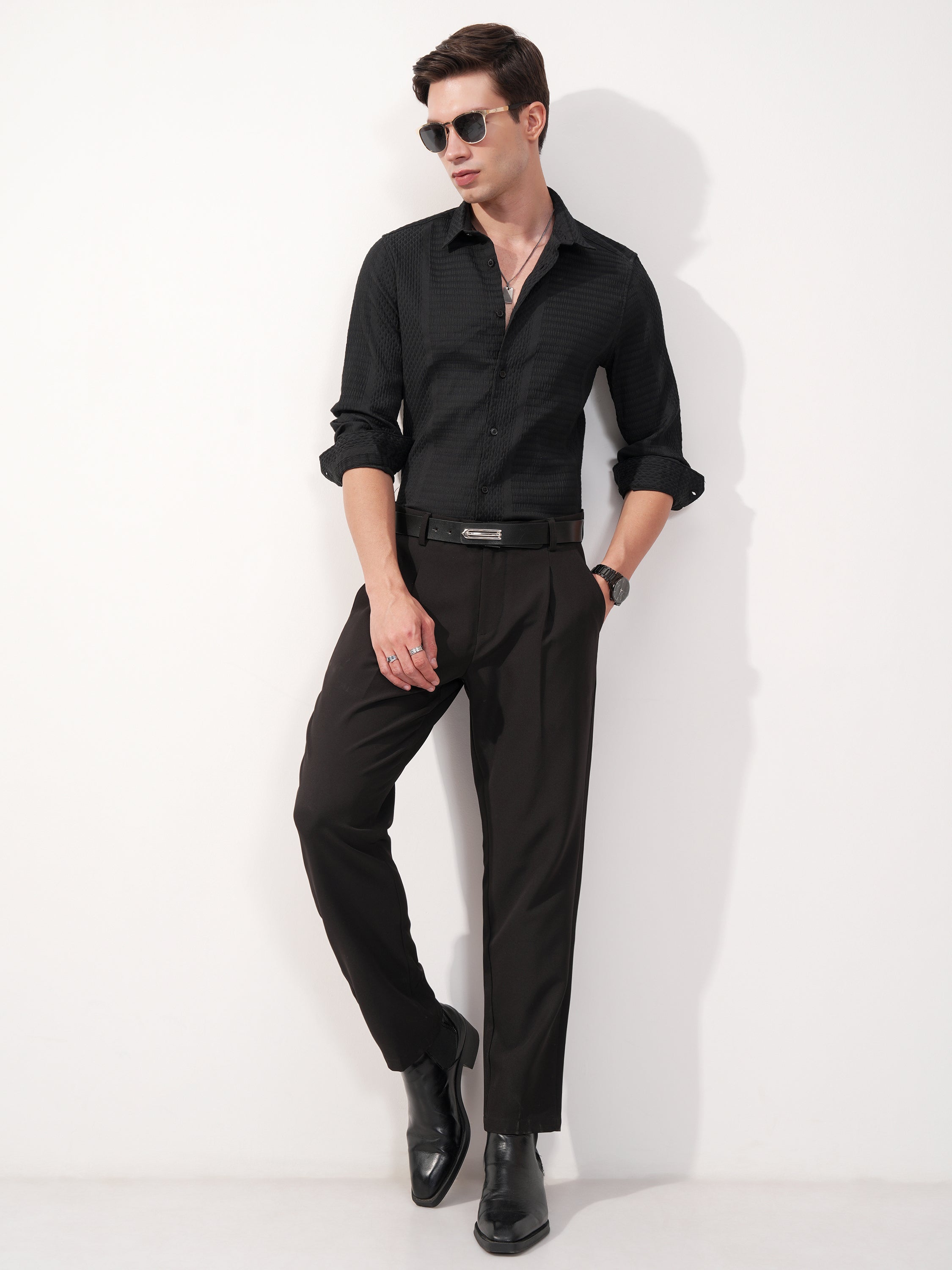Highlander Men Black Self Design Slim Fit Casual Shirt - Black - Image 2