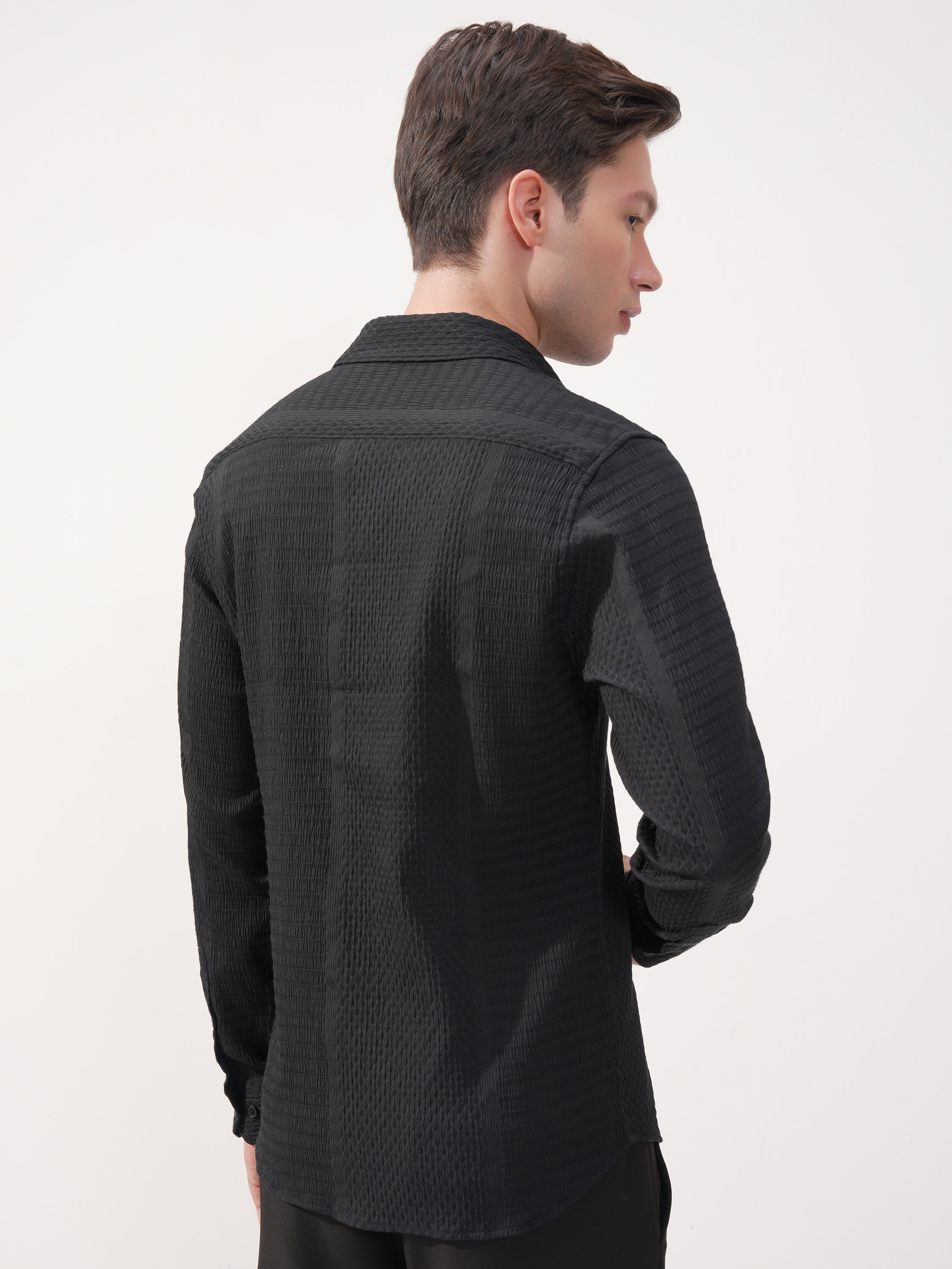 Highlander Men Black Self Design Slim Fit Casual Shirt - Black - Image 3