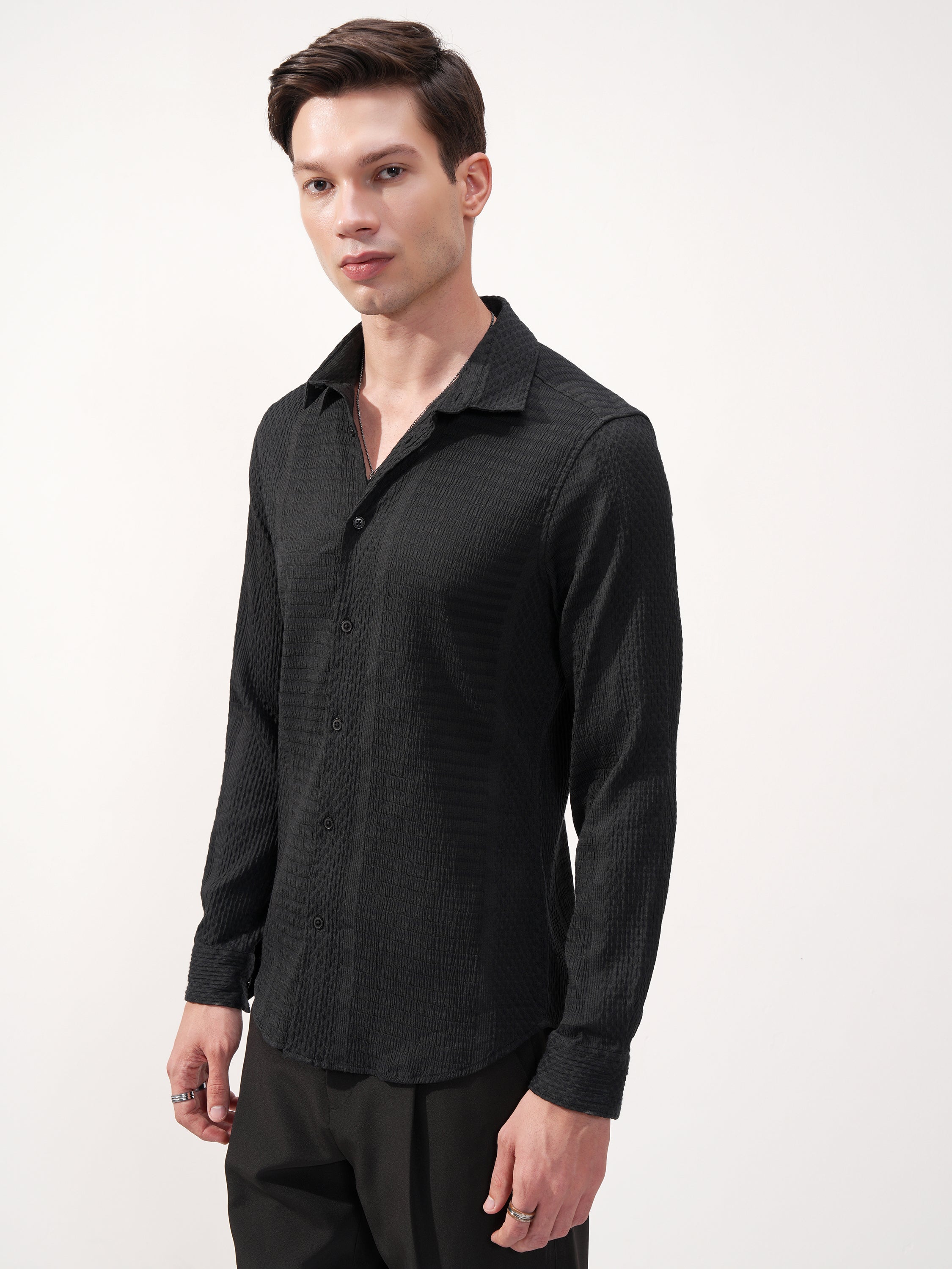 Highlander Men Black Self Design Slim Fit Casual Shirt - Black - Image 4