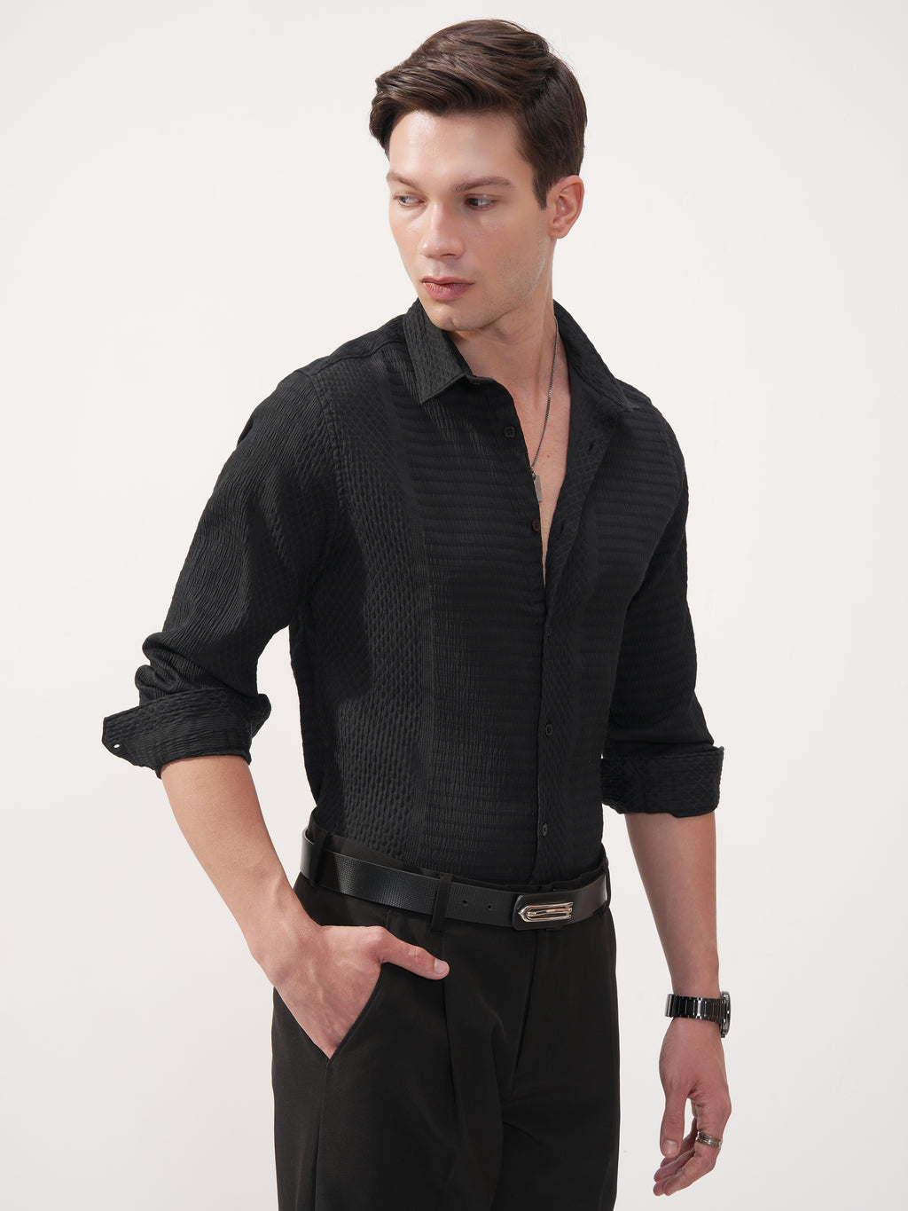 Highlander Men Black Self Design Slim Fit Casual Shirt - Black - Image 6