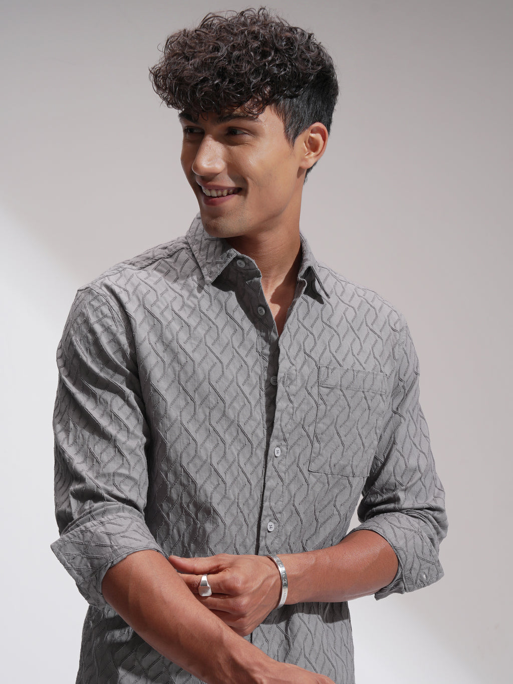 Highlander Men Grey Self Design Relaxed Fit Casual Shirt - Grey - Image 1