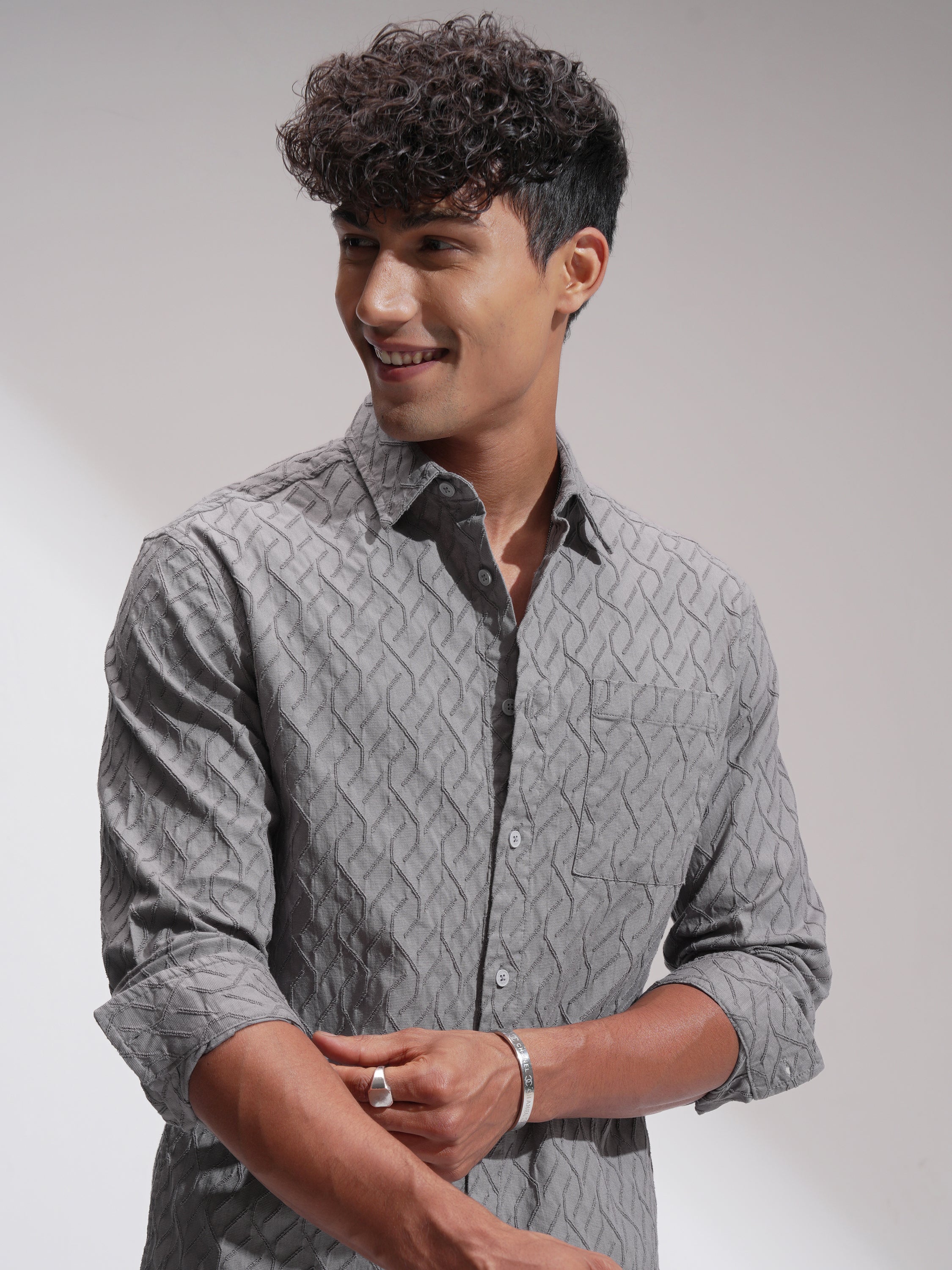 Highlander Men Grey Self Design Relaxed Fit Casual Shirt - Grey - Image 1