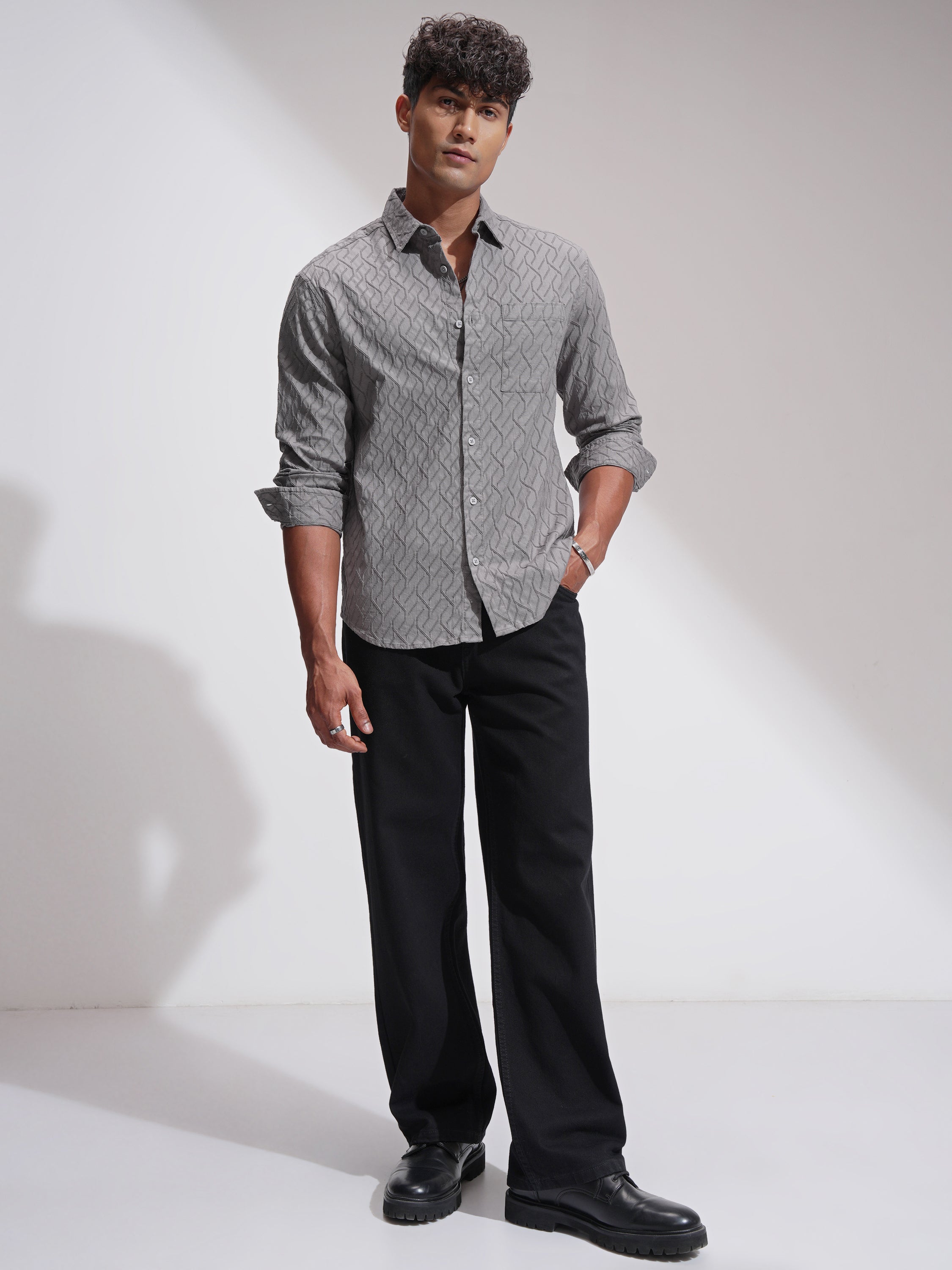 Highlander Men Grey Self Design Relaxed Fit Casual Shirt - Grey - Image 2