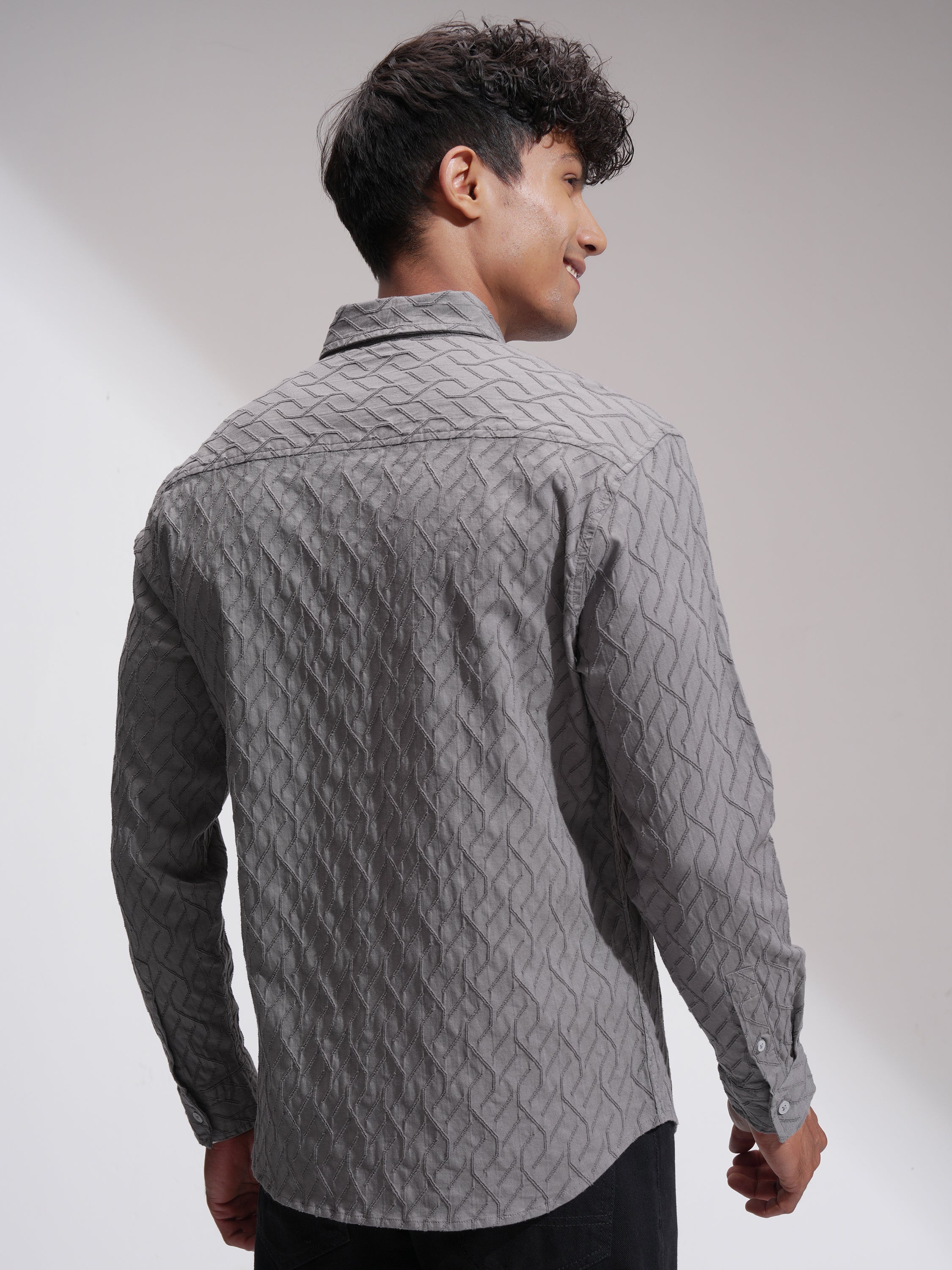 Highlander Men Grey Self Design Relaxed Fit Casual Shirt - Grey - Image 3
