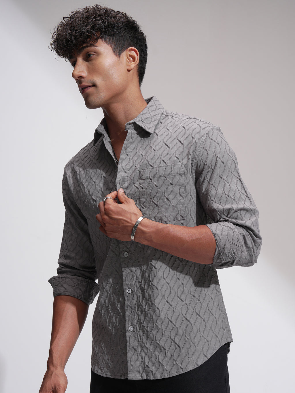 Highlander Men Grey Self Design Relaxed Fit Casual Shirt - Grey - Image 4
