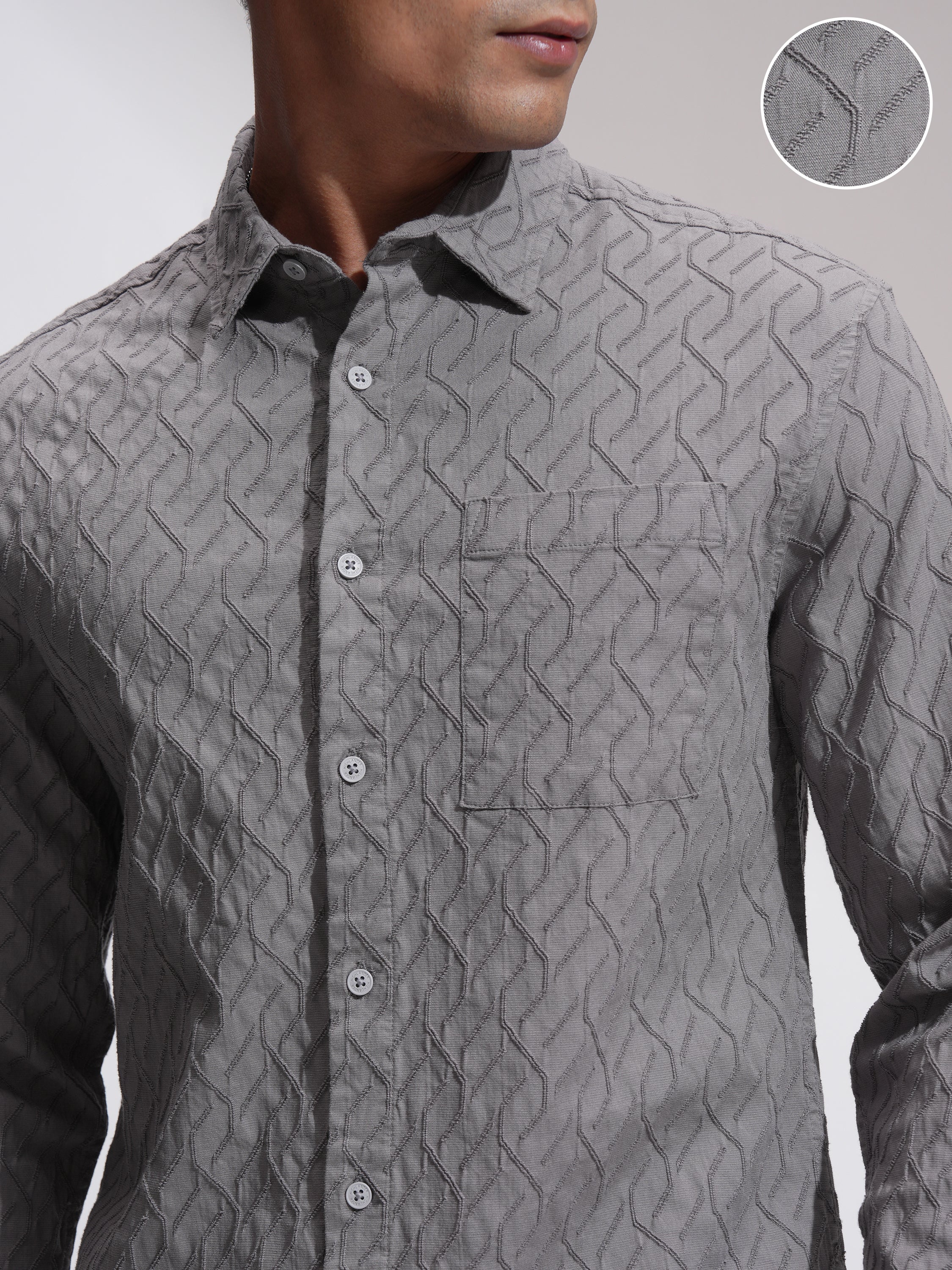 Highlander Men Grey Self Design Relaxed Fit Casual Shirt - Grey - Image 5
