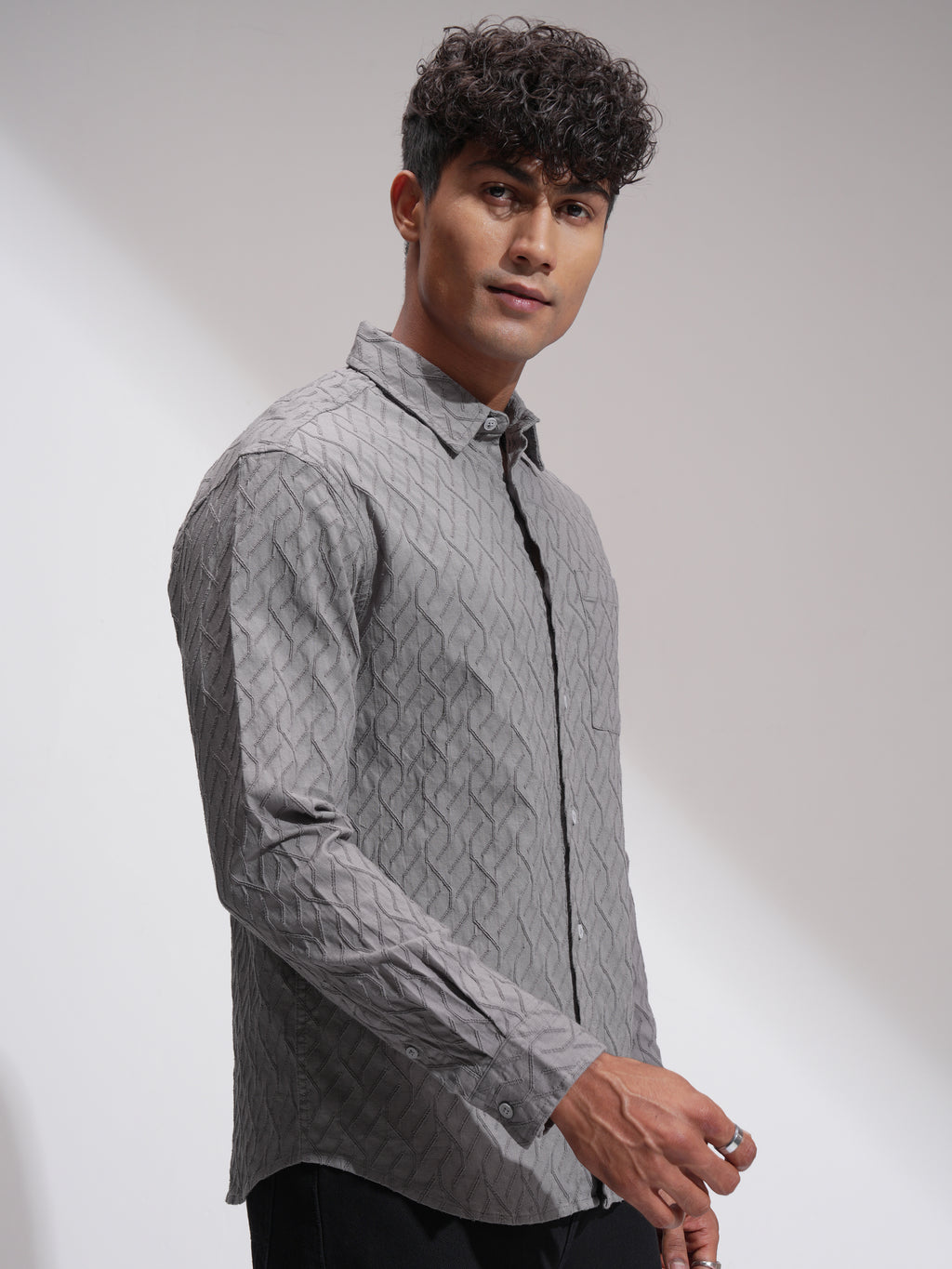 Highlander Men Grey Self Design Relaxed Fit Casual Shirt - Grey - Image 6