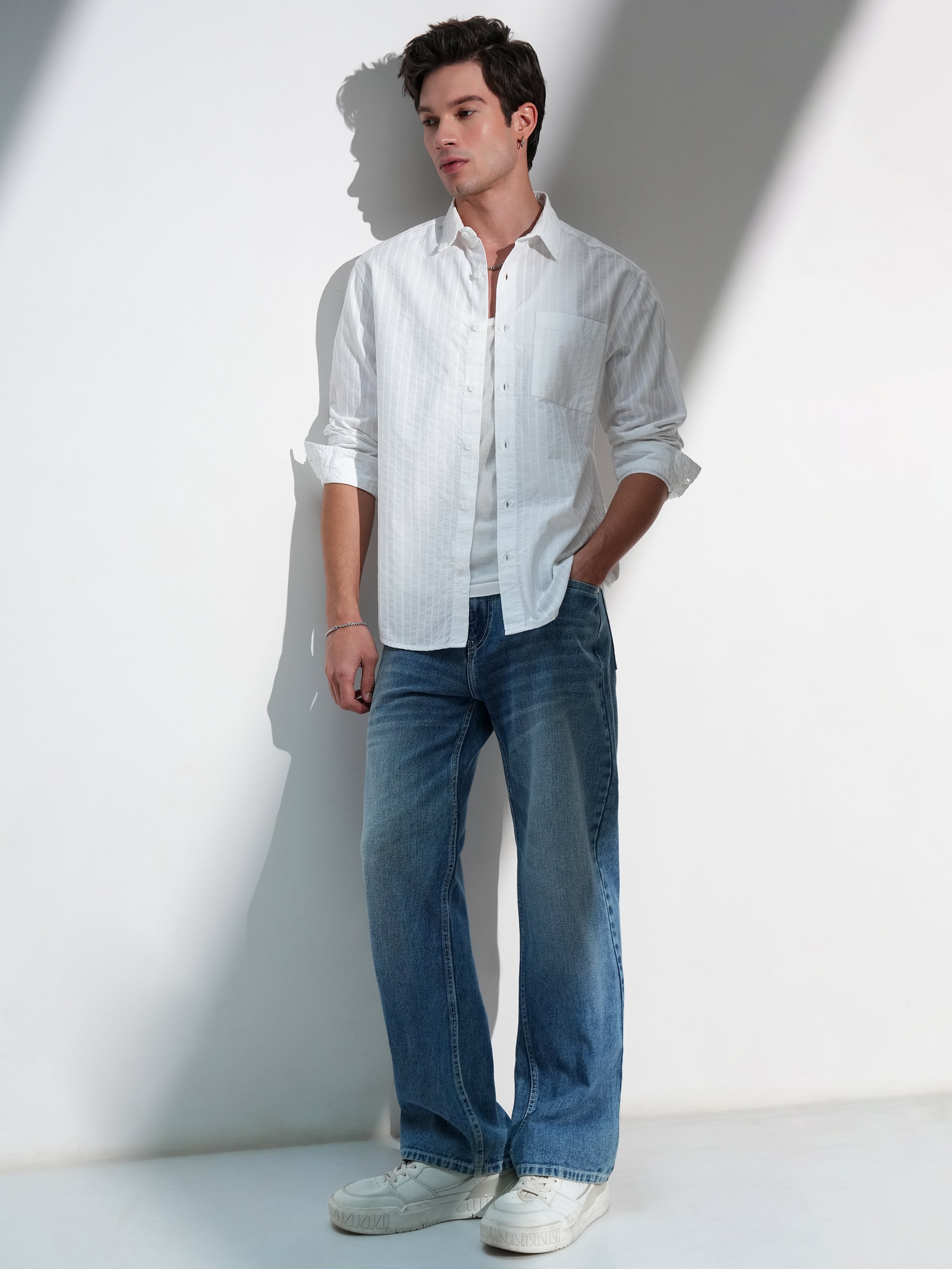 Highlander Men White Striped Relaxed Fit Casual Shirt - White - Image 2