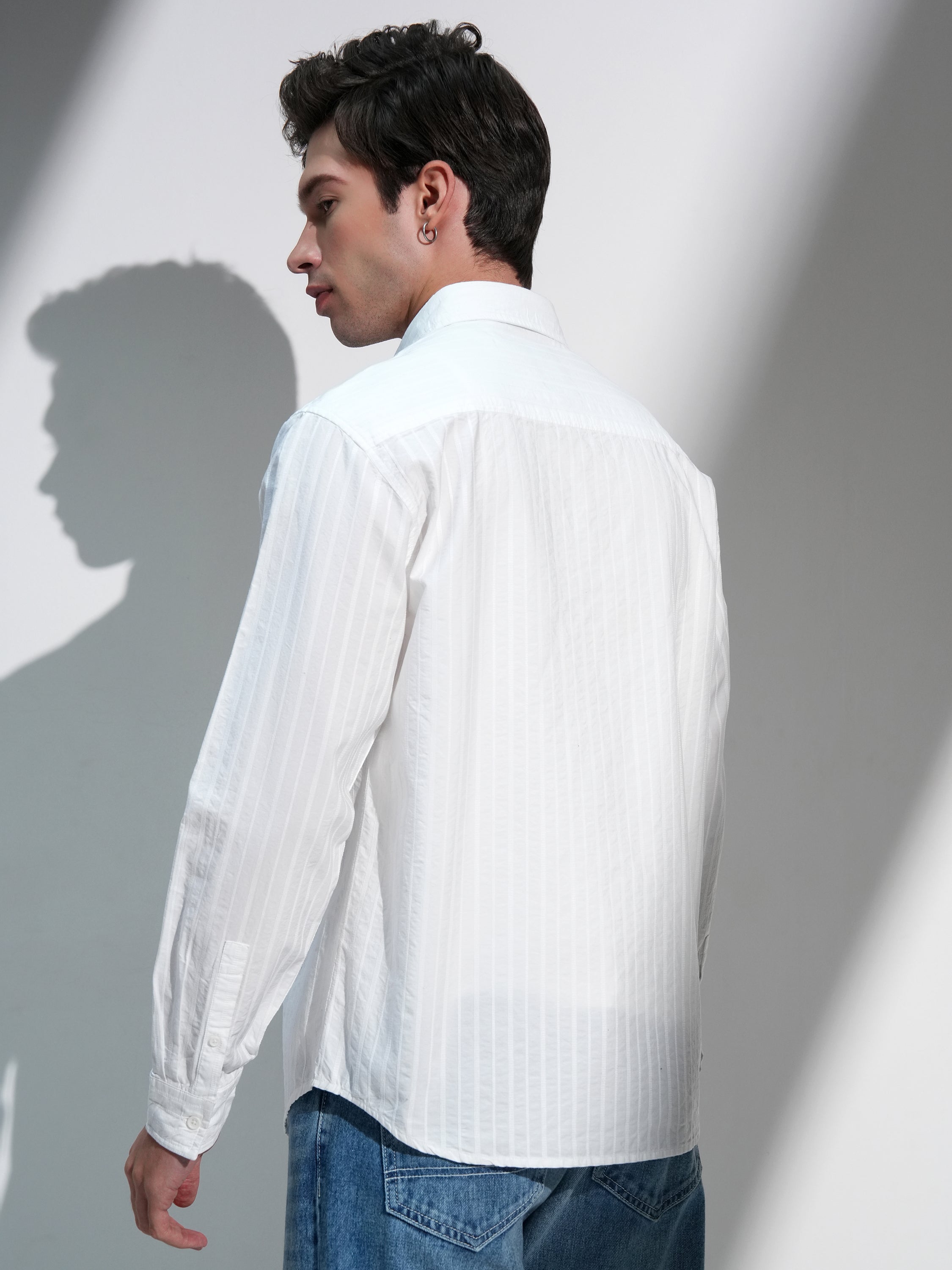 Highlander Men White Striped Relaxed Fit Casual Shirt - White - Image 3
