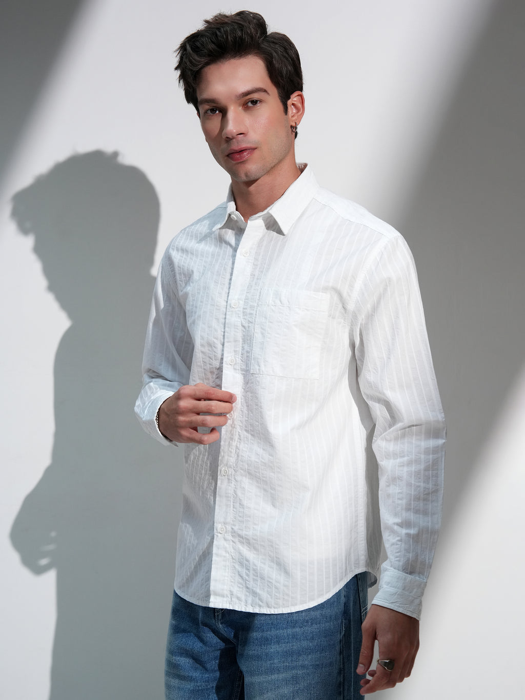 Highlander Men White Striped Relaxed Fit Casual Shirt - White - Image 4