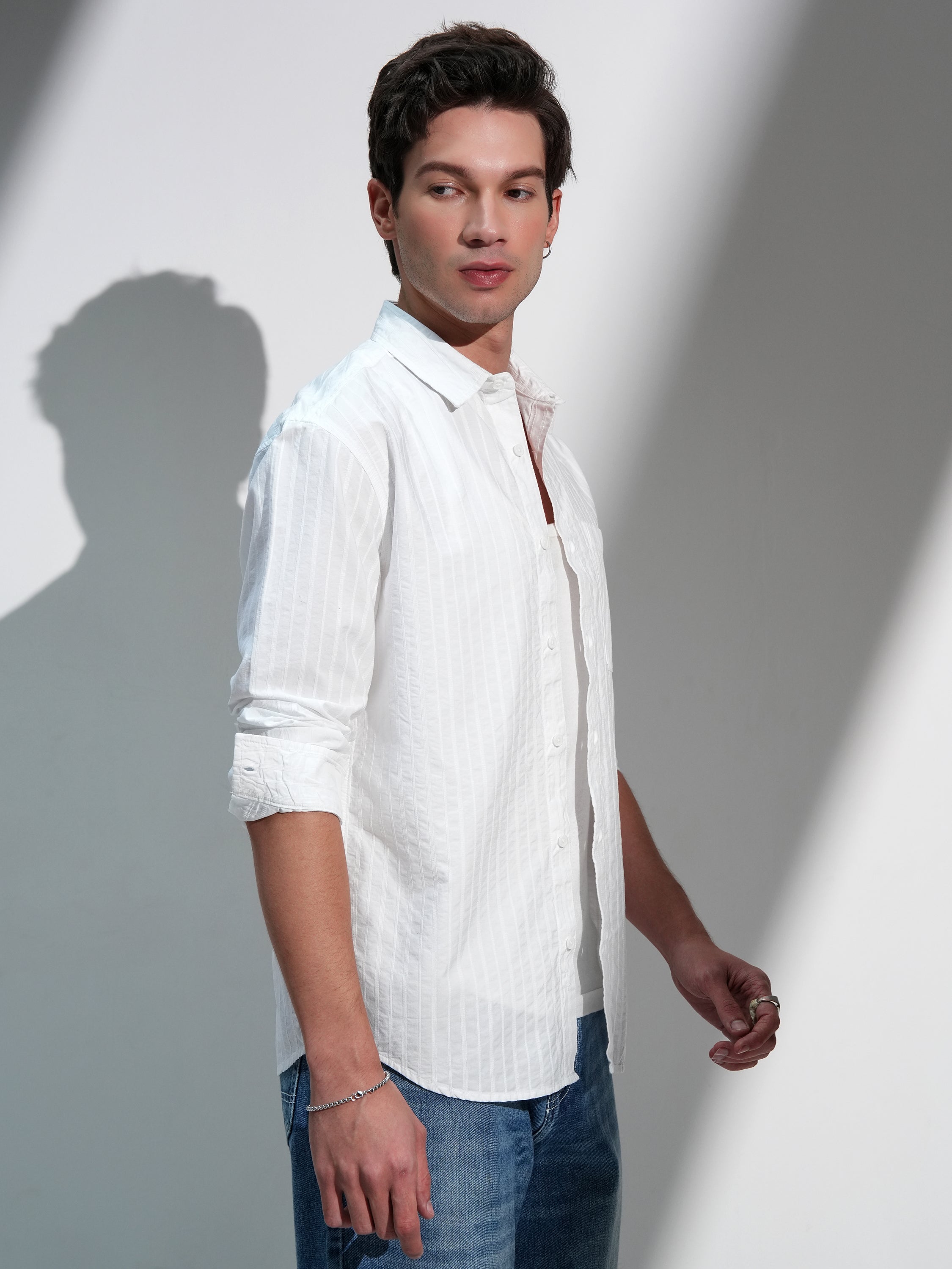 Highlander Men White Striped Relaxed Fit Casual Shirt - White - Image 6