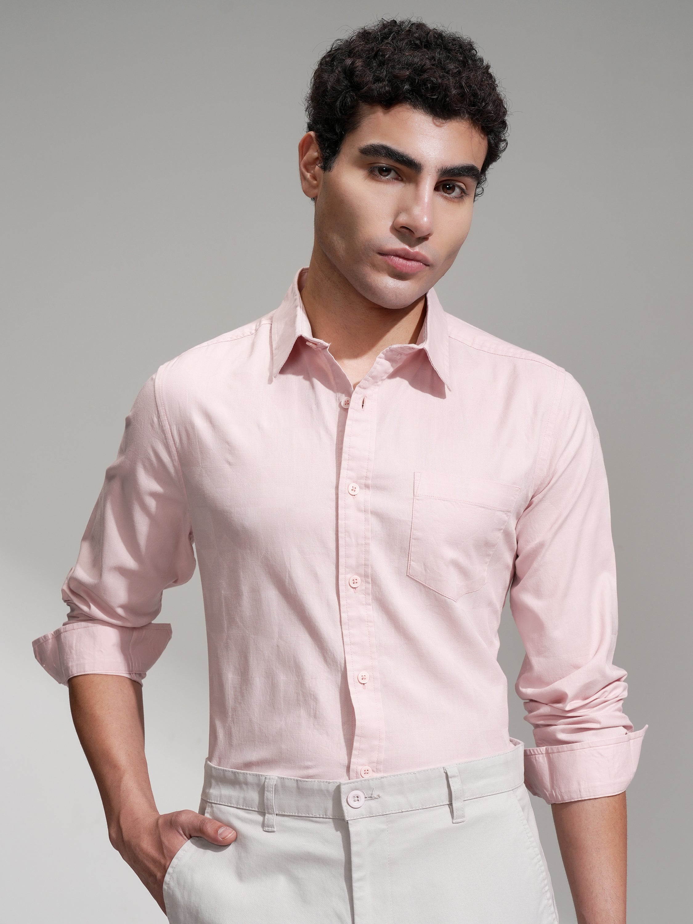 Highlander Men Pink Self Design Slim Fit Casual Shirt - Pink - Image 1