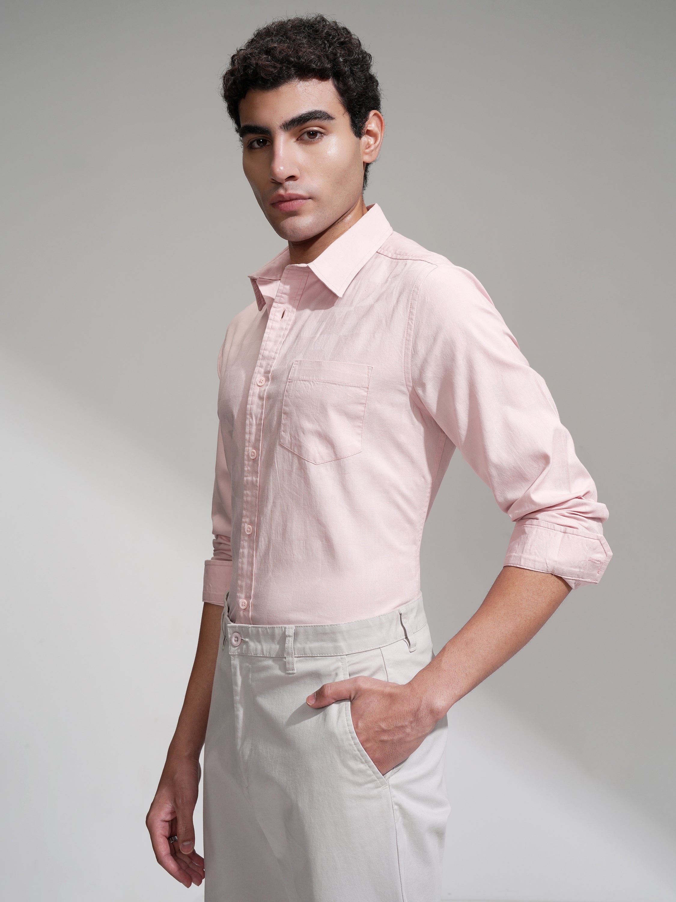 Highlander Men Pink Self Design Slim Fit Casual Shirt - Pink - Image 4