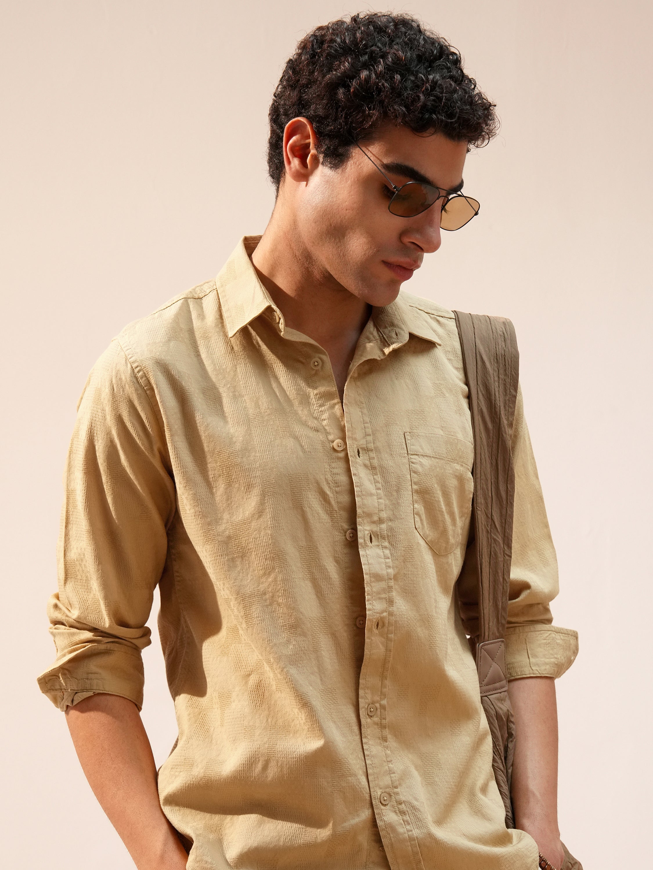 Highlander Men Khaki Self Design Relaxed Fit Casual Shirt - Khaki - Image 1