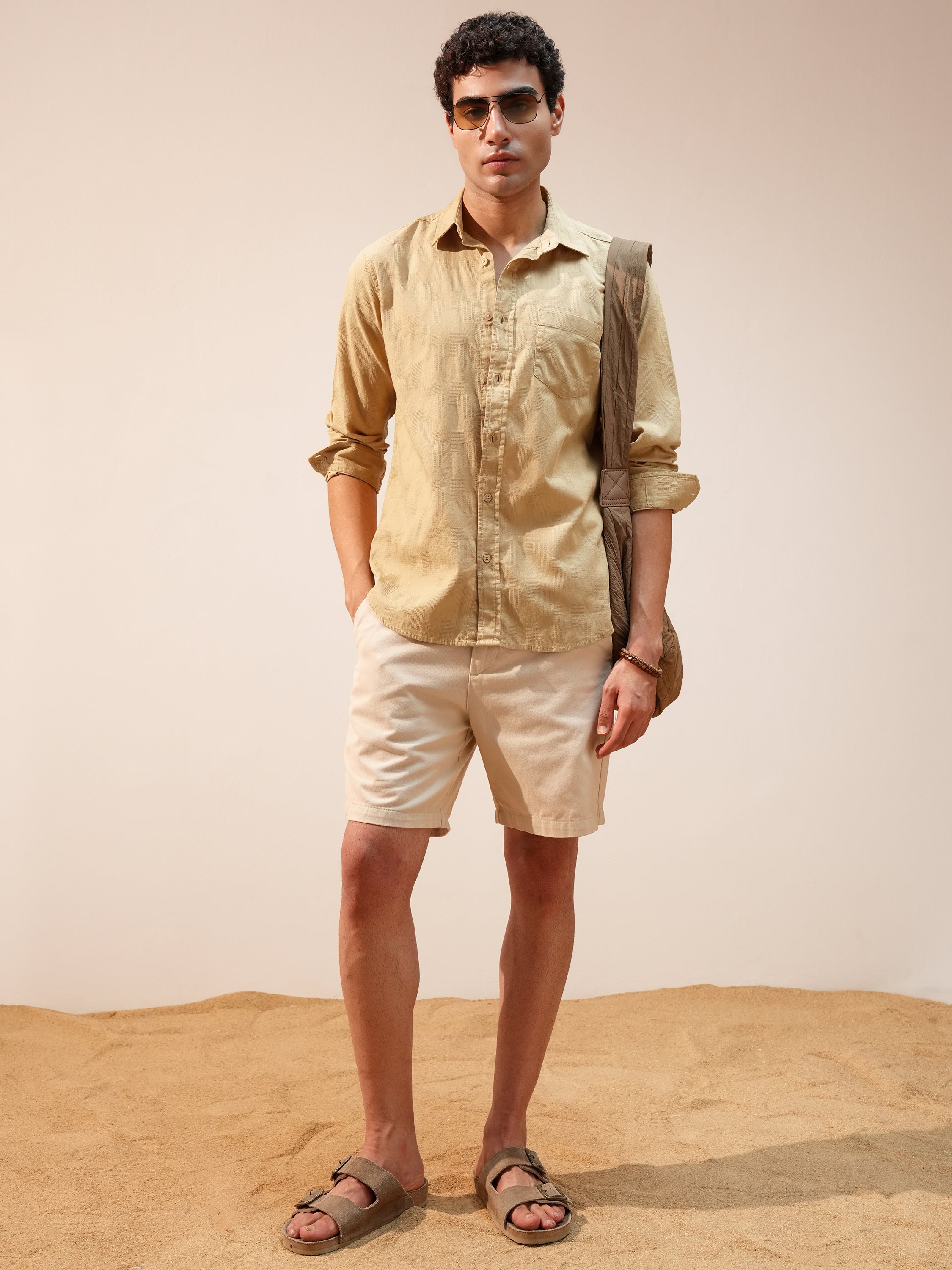 Highlander Men Khaki Self Design Relaxed Fit Casual Shirt - Khaki - Image 2
