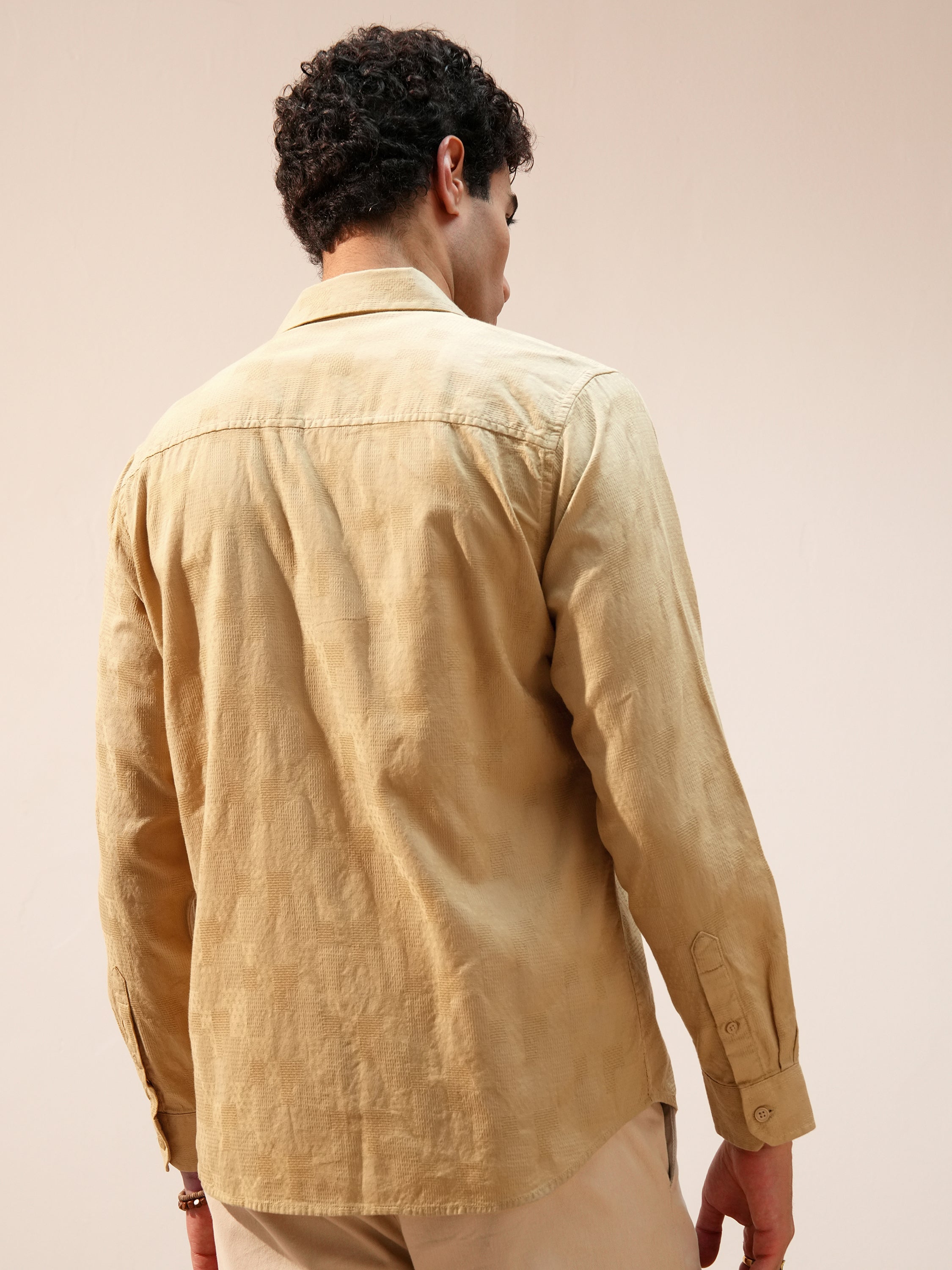 Highlander Men Khaki Self Design Relaxed Fit Casual Shirt - Khaki - Image 3