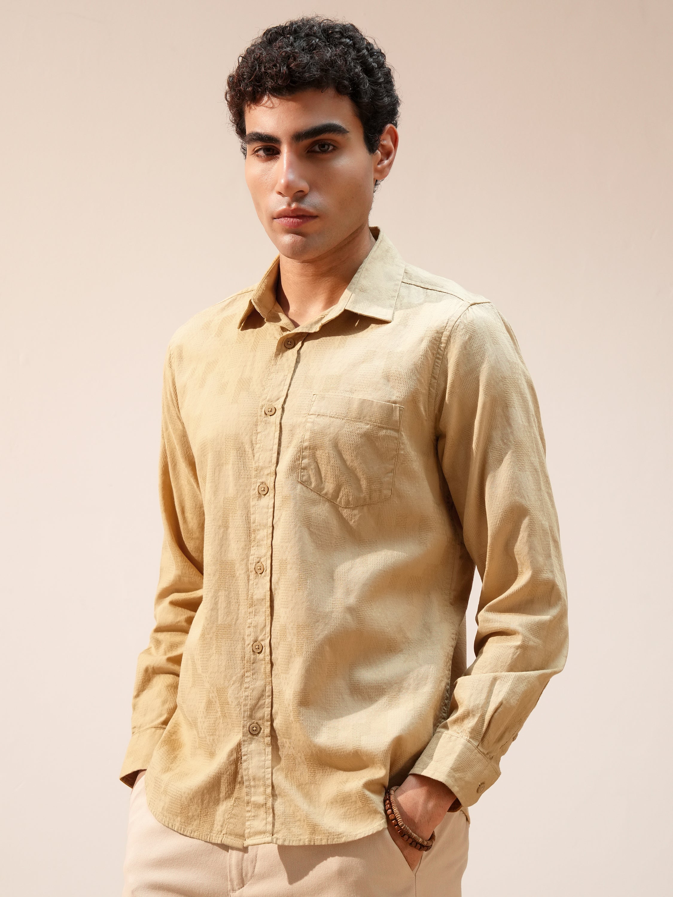 Highlander Men Khaki Self Design Relaxed Fit Casual Shirt - Khaki - Image 4