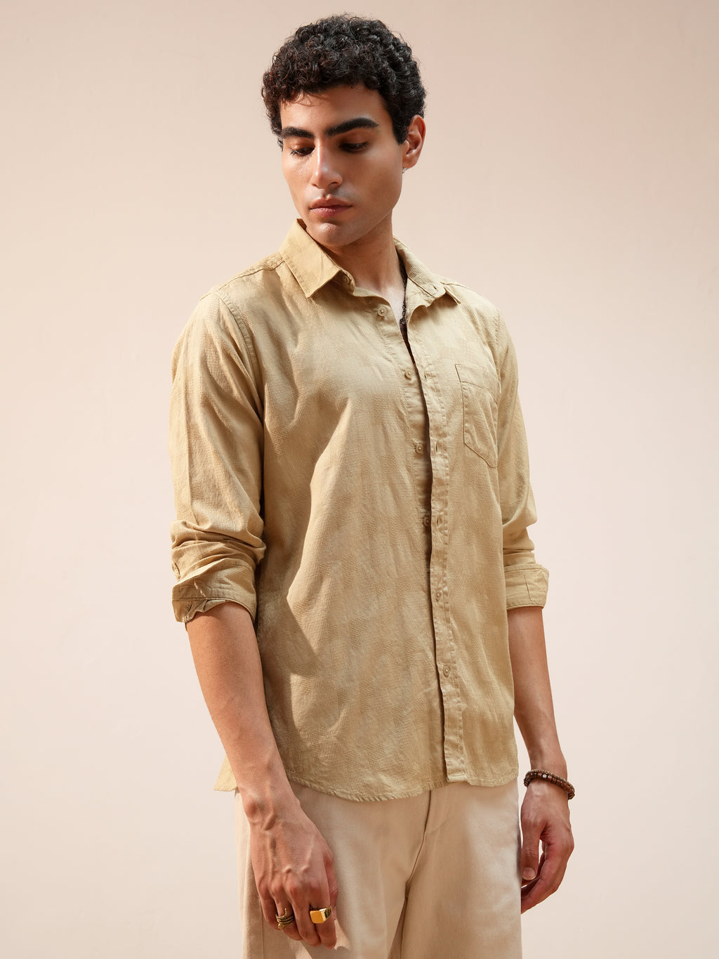Highlander Men Khaki Self Design Relaxed Fit Casual Shirt - Khaki - Image 6