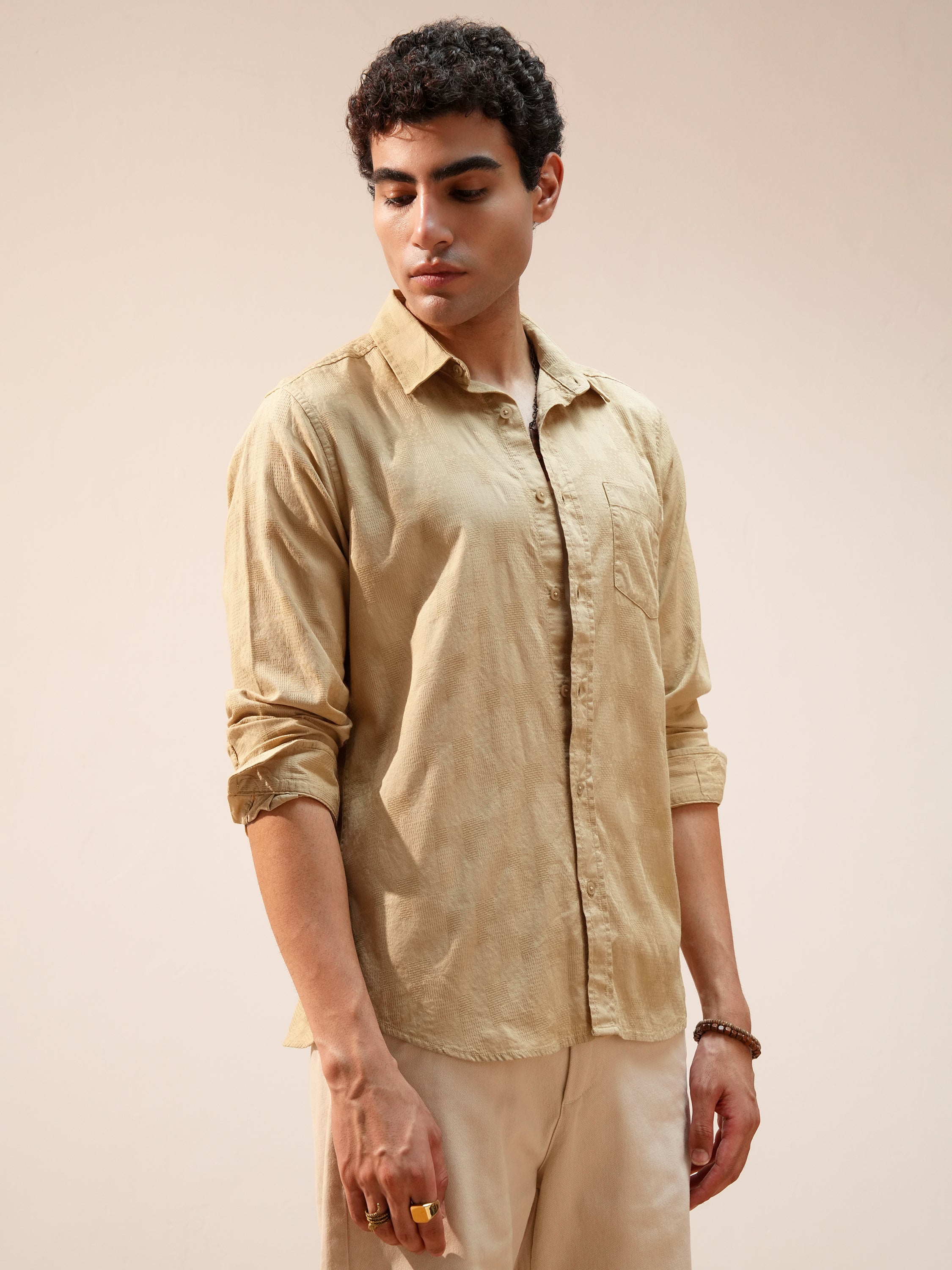 Highlander Men Khaki Self Design Relaxed Fit Casual Shirt - Khaki - Image 6