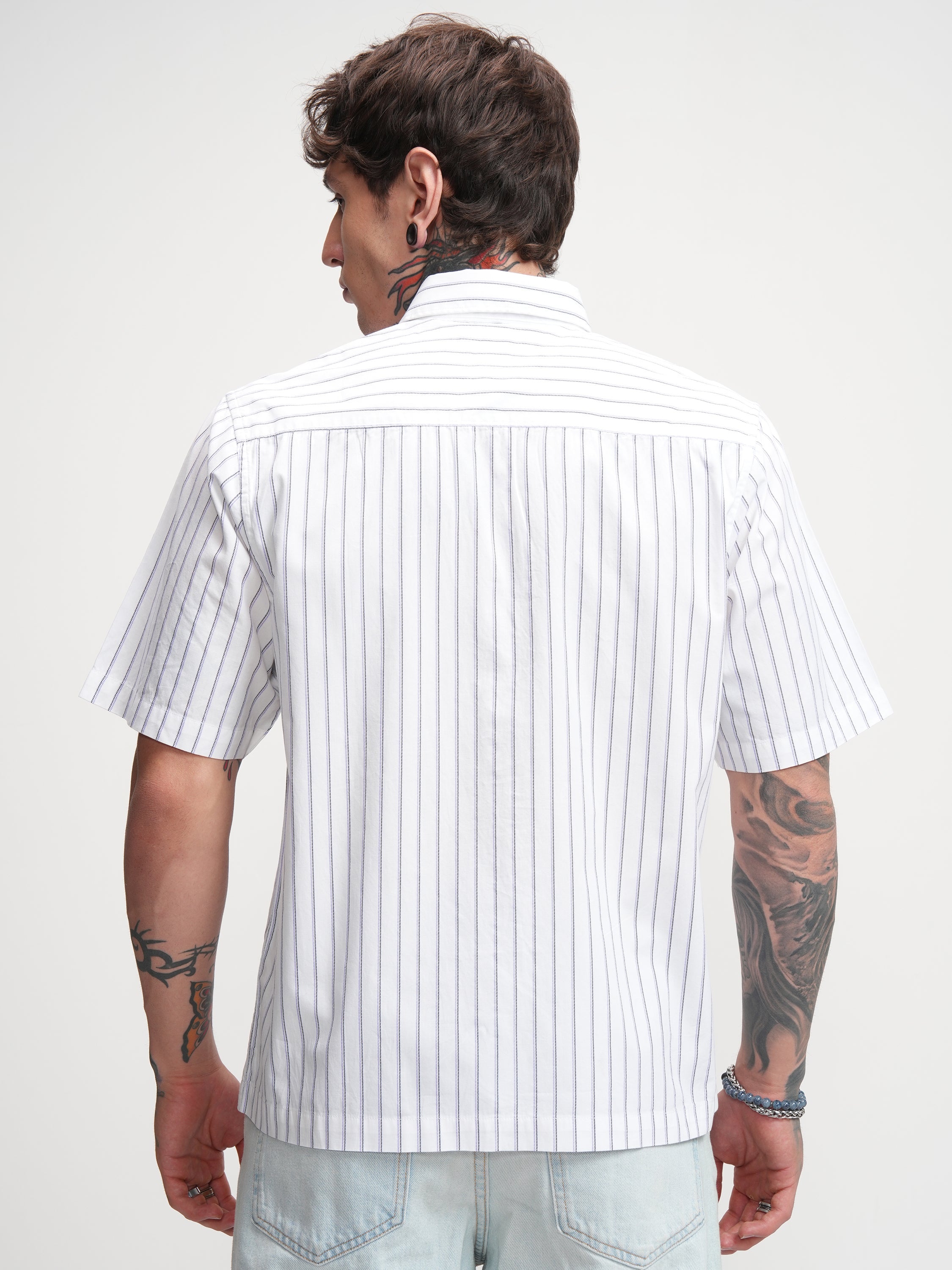 Highlander Men White Striped Boxy Fit Casual Shirt - White - Image 3