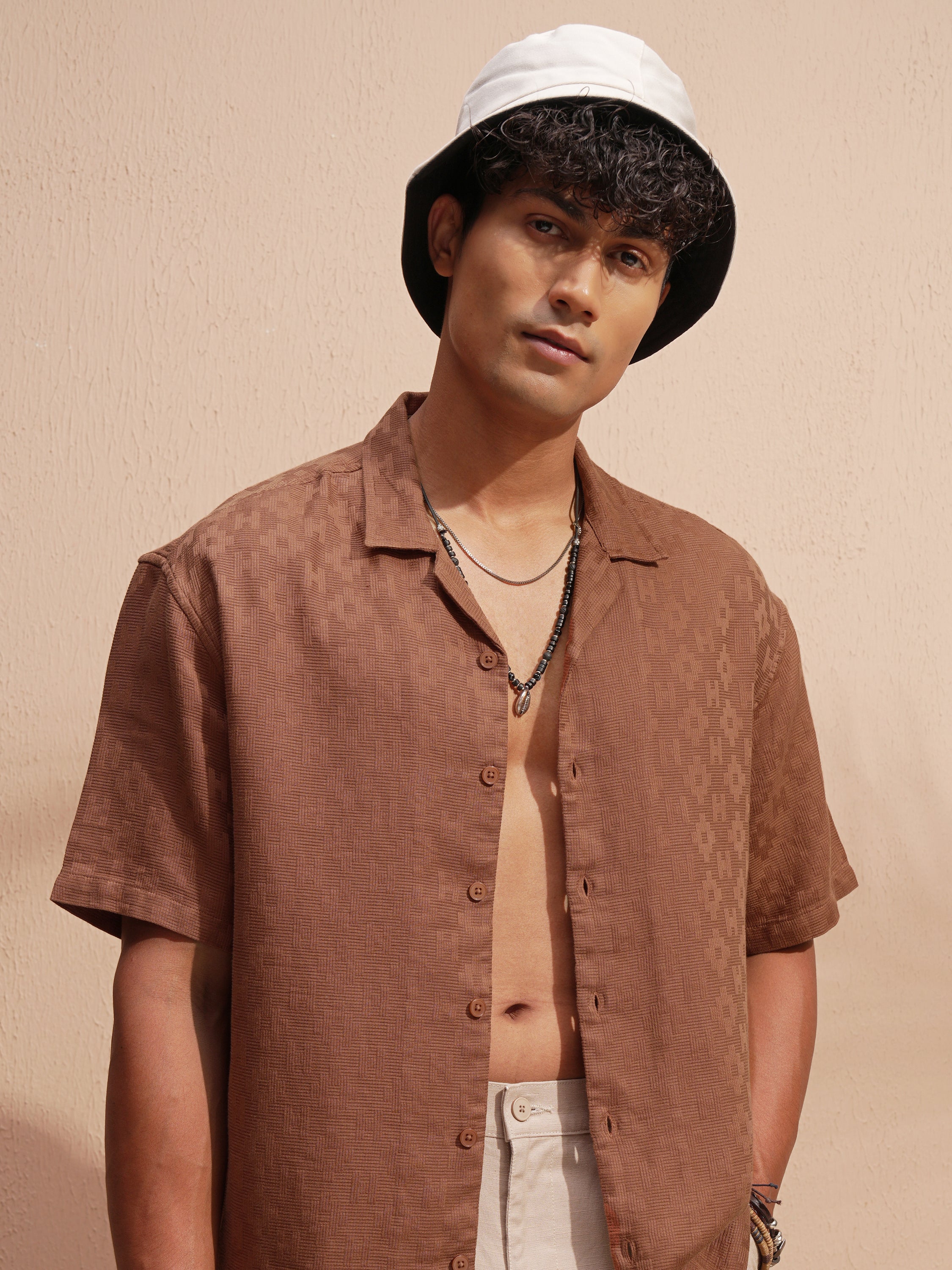 Highlander Men Rust Self Design Oversized Fit Casual Shirt - Rust - Image 1
