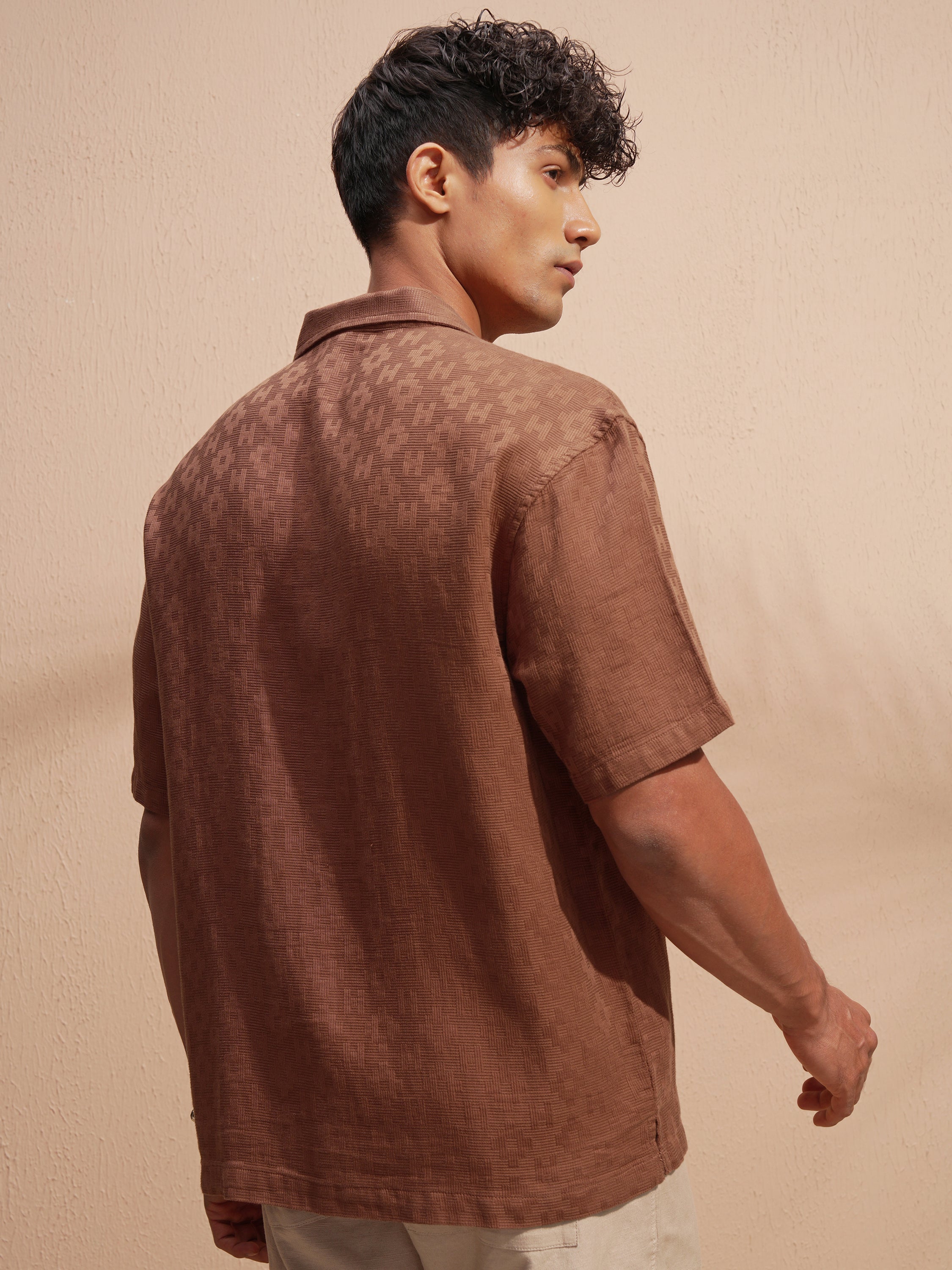 Highlander Men Rust Self Design Oversized Fit Casual Shirt - Rust - Image 3