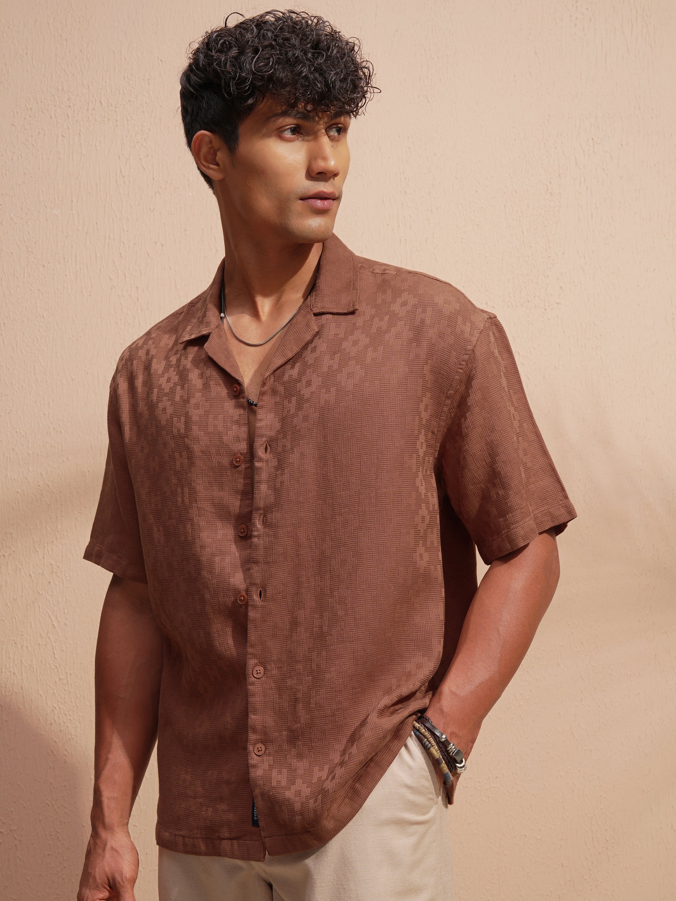 Highlander Men Rust Self Design Oversized Fit Casual Shirt - Rust - Image 4