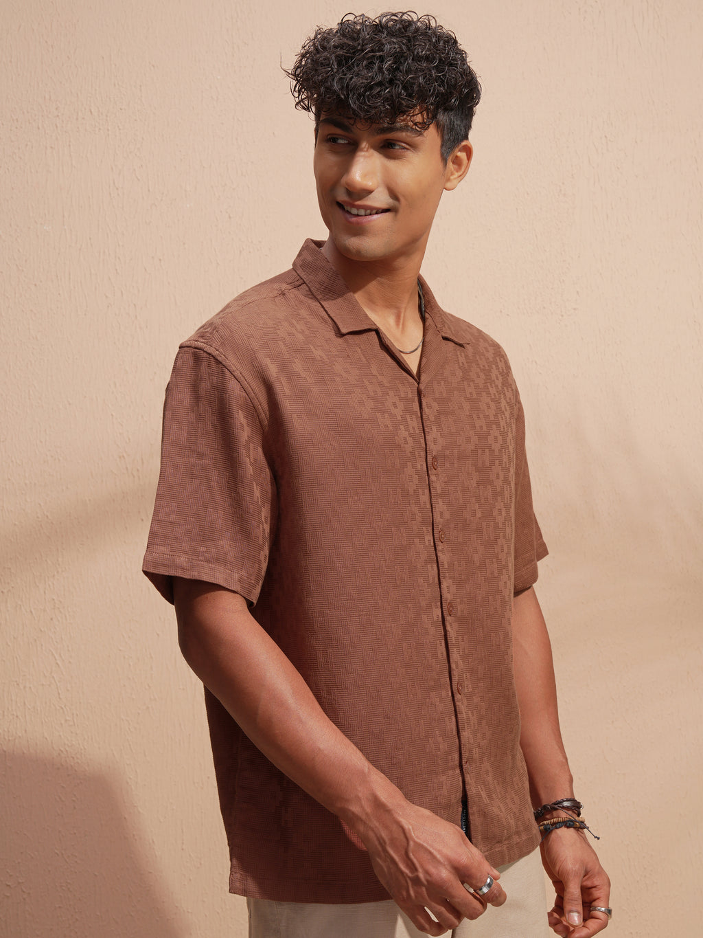 Highlander Men Rust Self Design Oversized Fit Casual Shirt - Rust - Image 6