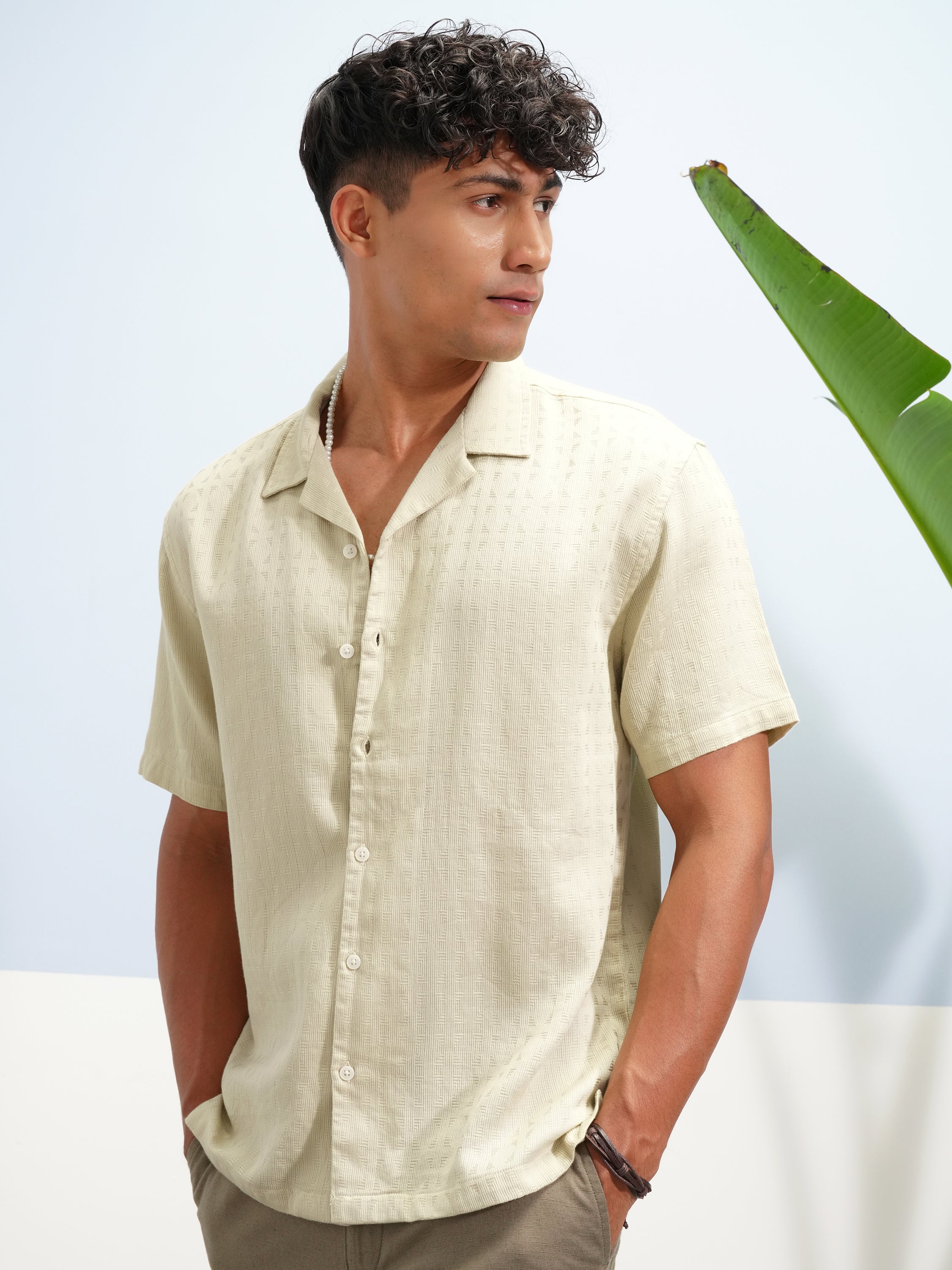 Highlander Men Beige Self Design Relaxed Fit Casual Shirt - Beige - Image 4