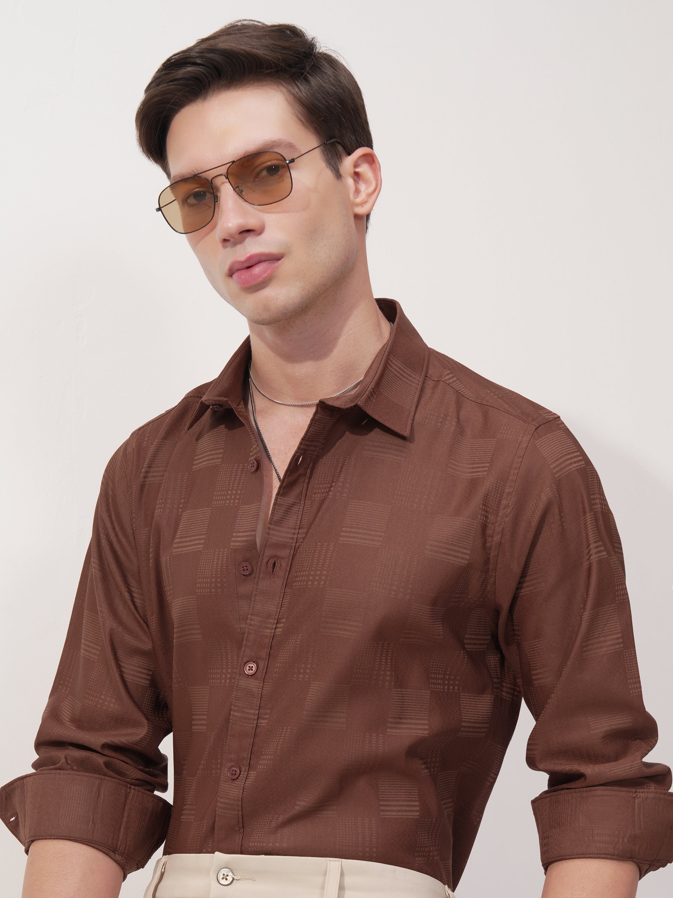 Highlander Men Brown Self Design Slim Fit Casual Shirt - Brown - Image 1