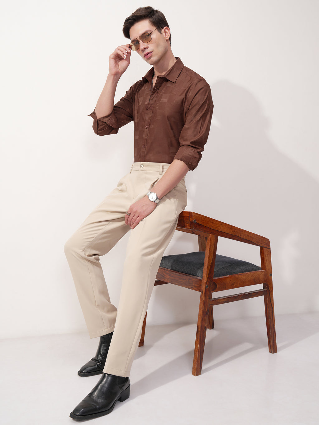 Highlander Men Brown Self Design Slim Fit Casual Shirt - Brown - Image 2