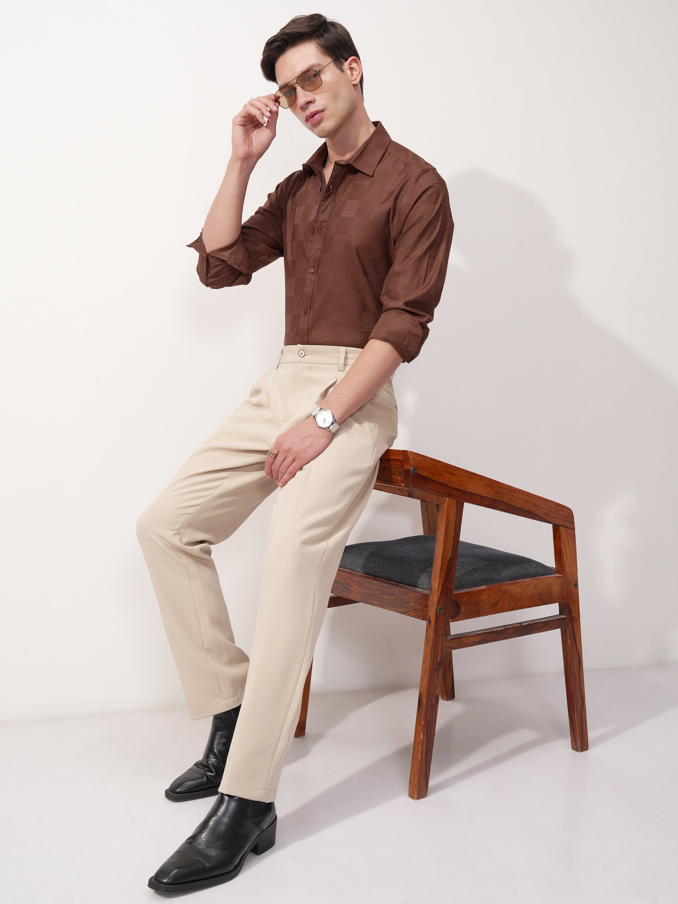 Highlander Men Brown Self Design Slim Fit Casual Shirt - Brown - Image 2