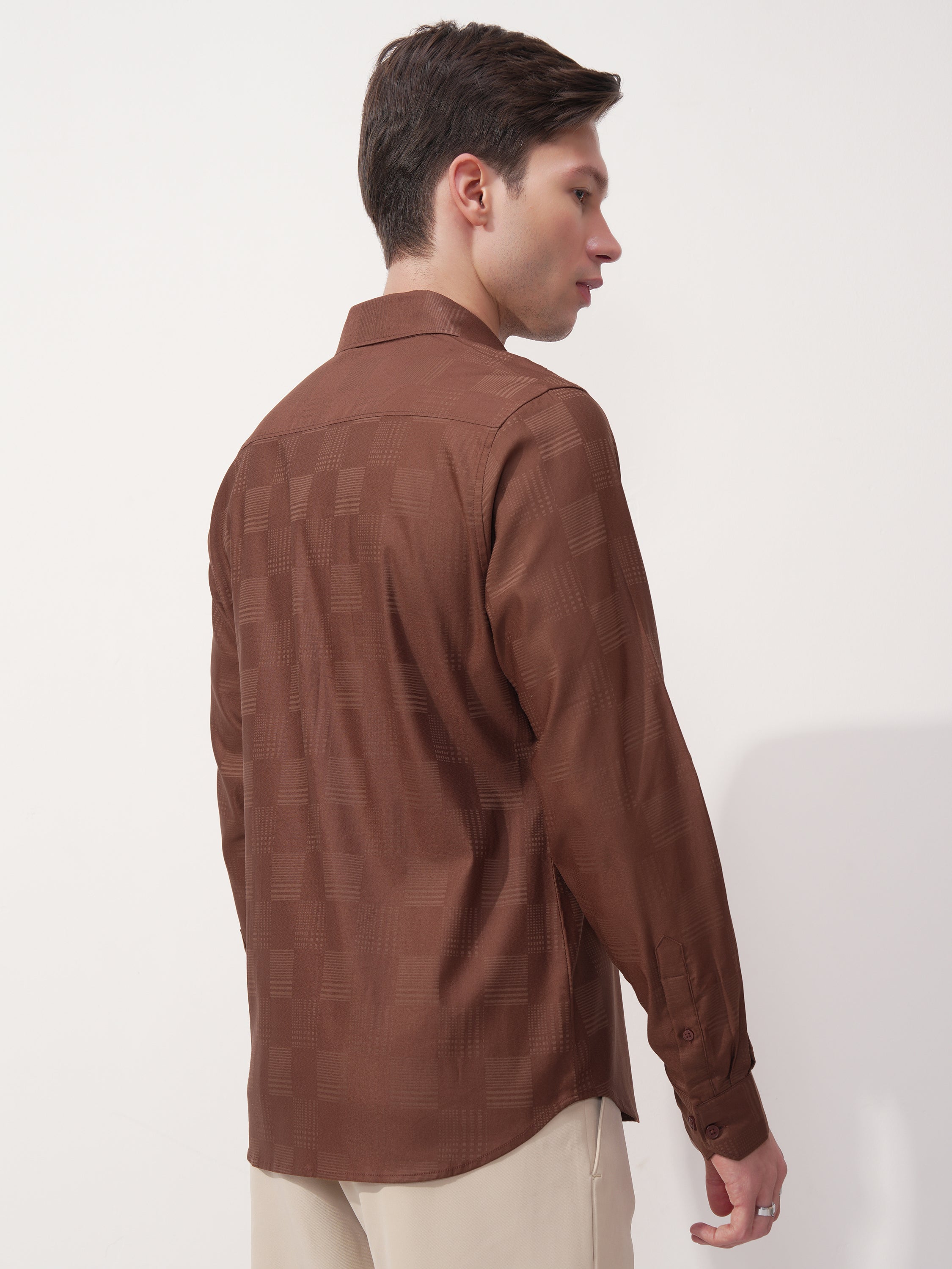 Highlander Men Brown Self Design Slim Fit Casual Shirt - Brown - Image 3