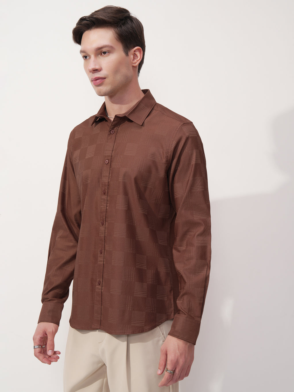Highlander Men Brown Self Design Slim Fit Casual Shirt - Brown - Image 4