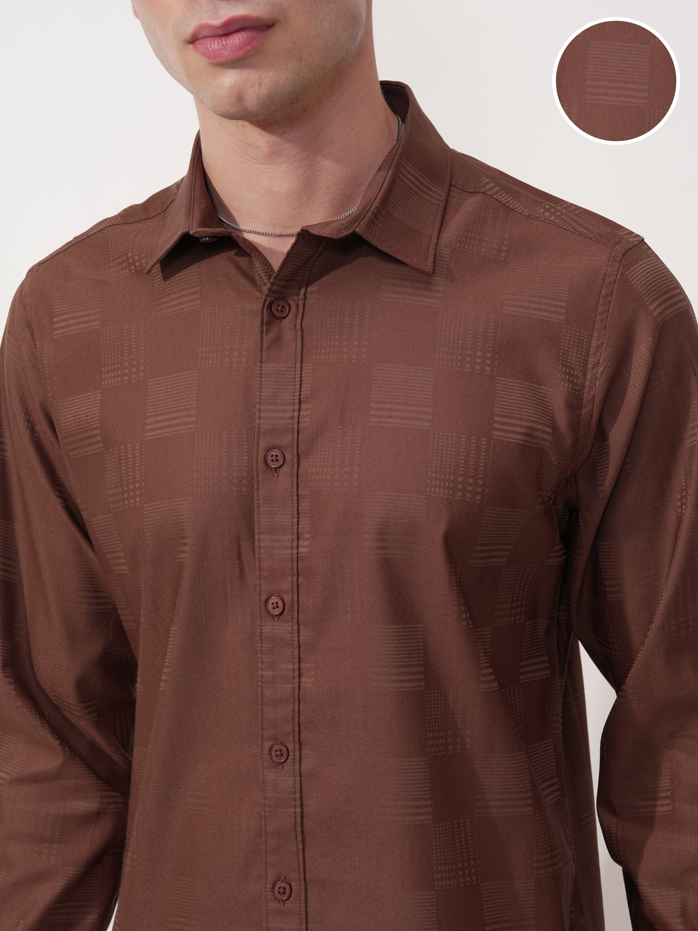 Highlander Men Brown Self Design Slim Fit Casual Shirt - Brown - Image 5