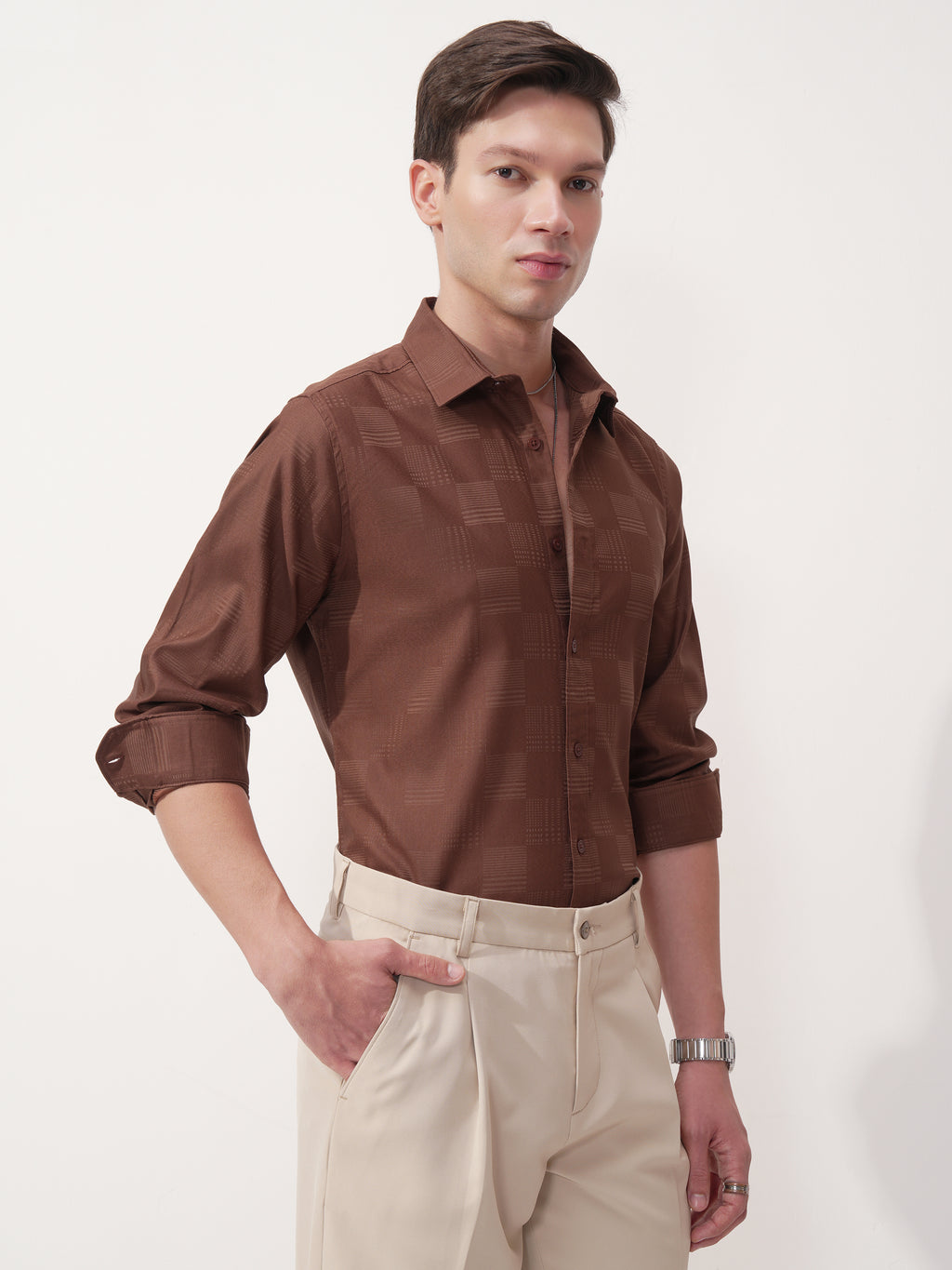 Highlander Men Brown Self Design Slim Fit Casual Shirt - Brown - Image 6